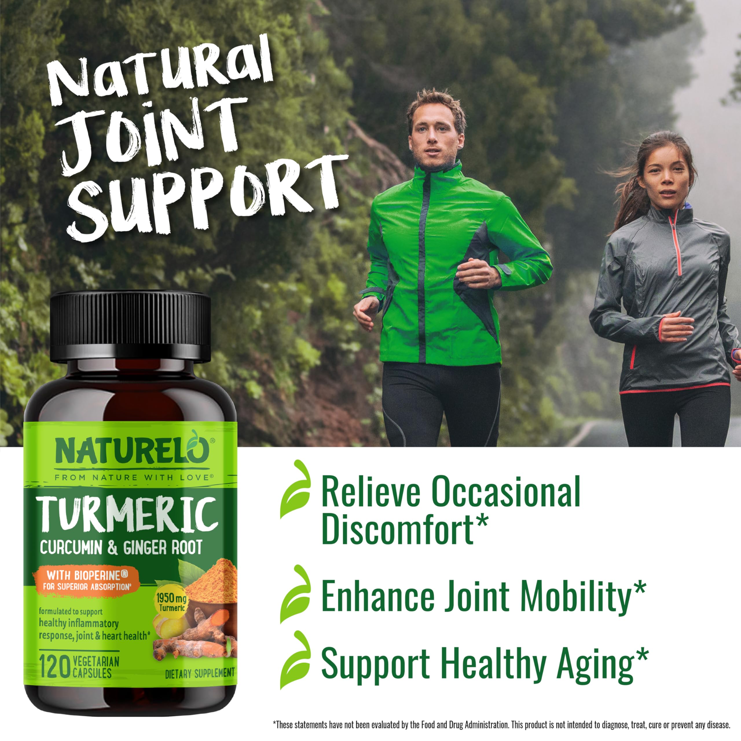 NATURELO Turmeric Curcumin with BioPerine - Plant-Based Joint Support (120 Vegan Capsules)