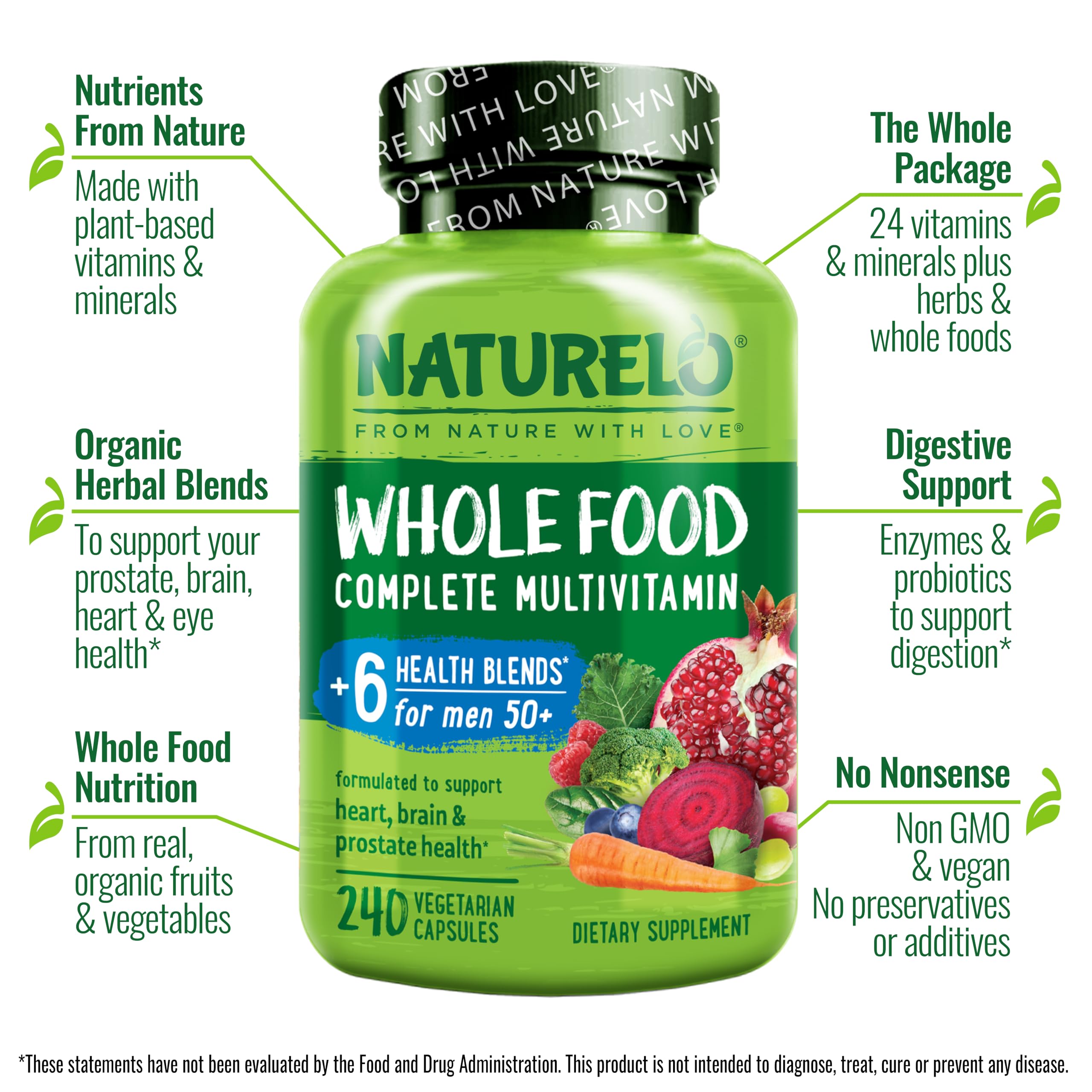 NATURELO Whole Food Multivitamin for Men 50+ – Plant-Based, 240 Capsules