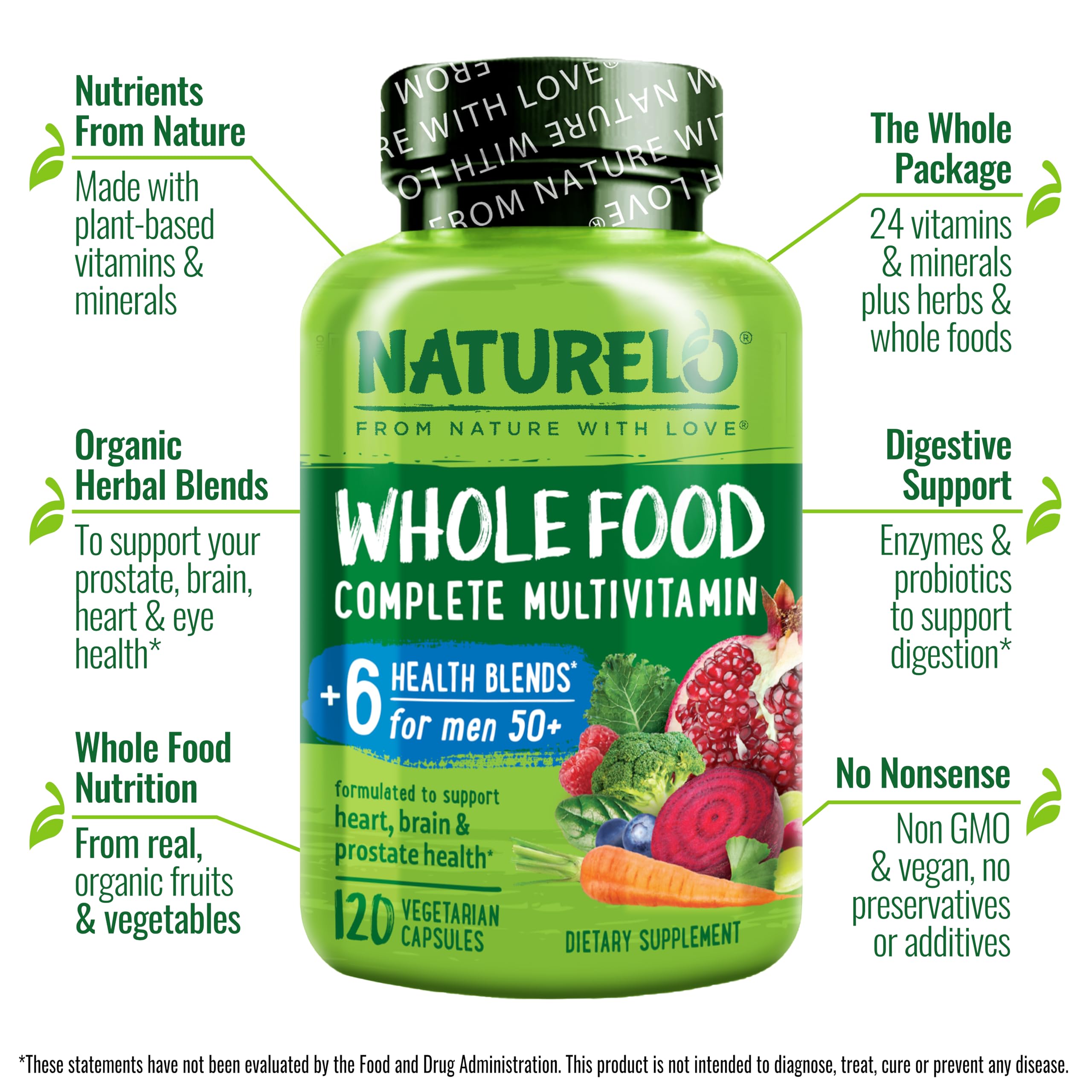 NATURELO Whole Food Multivitamin for Men 50+ – Plant-Based, 120 Capsules