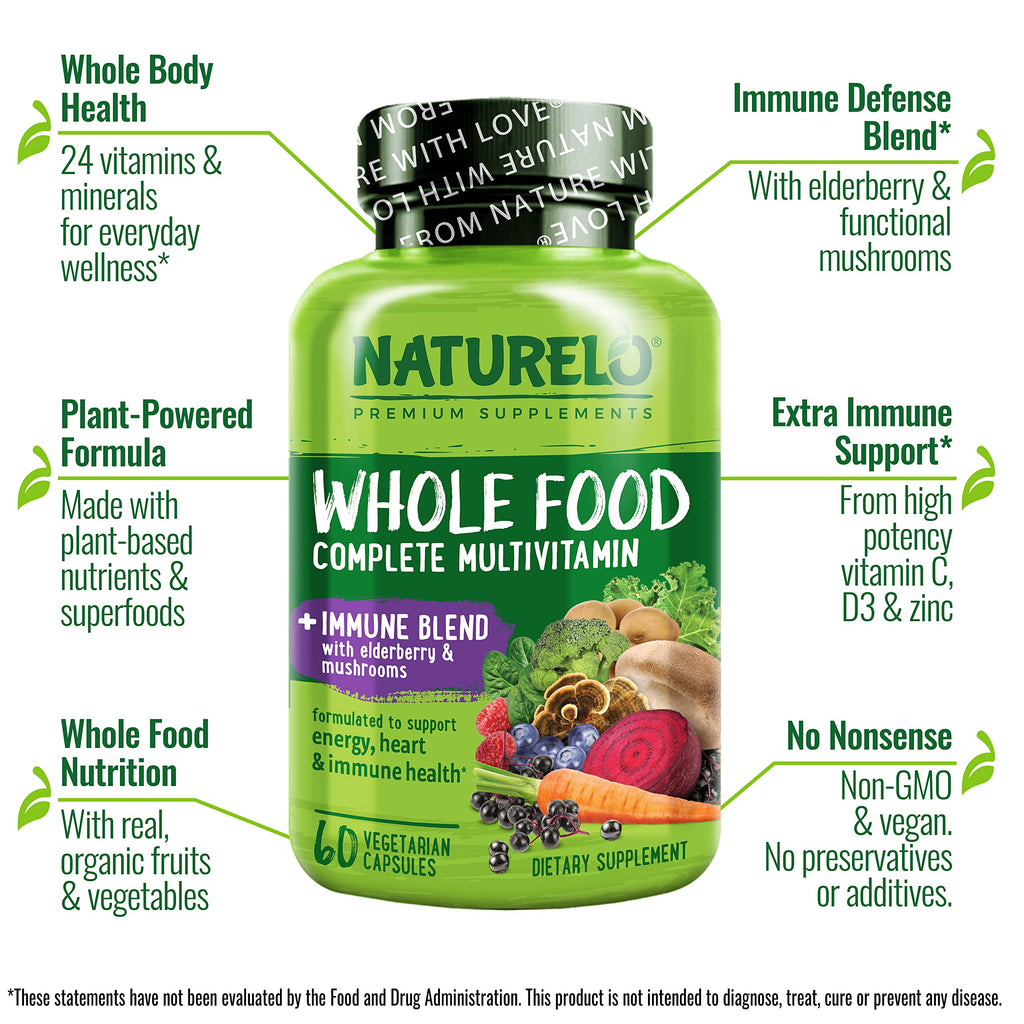 NATURELO Whole Food Multivitamin + Immune Blend – Elderberry & Mushrooms, 60 Vegan Capsules