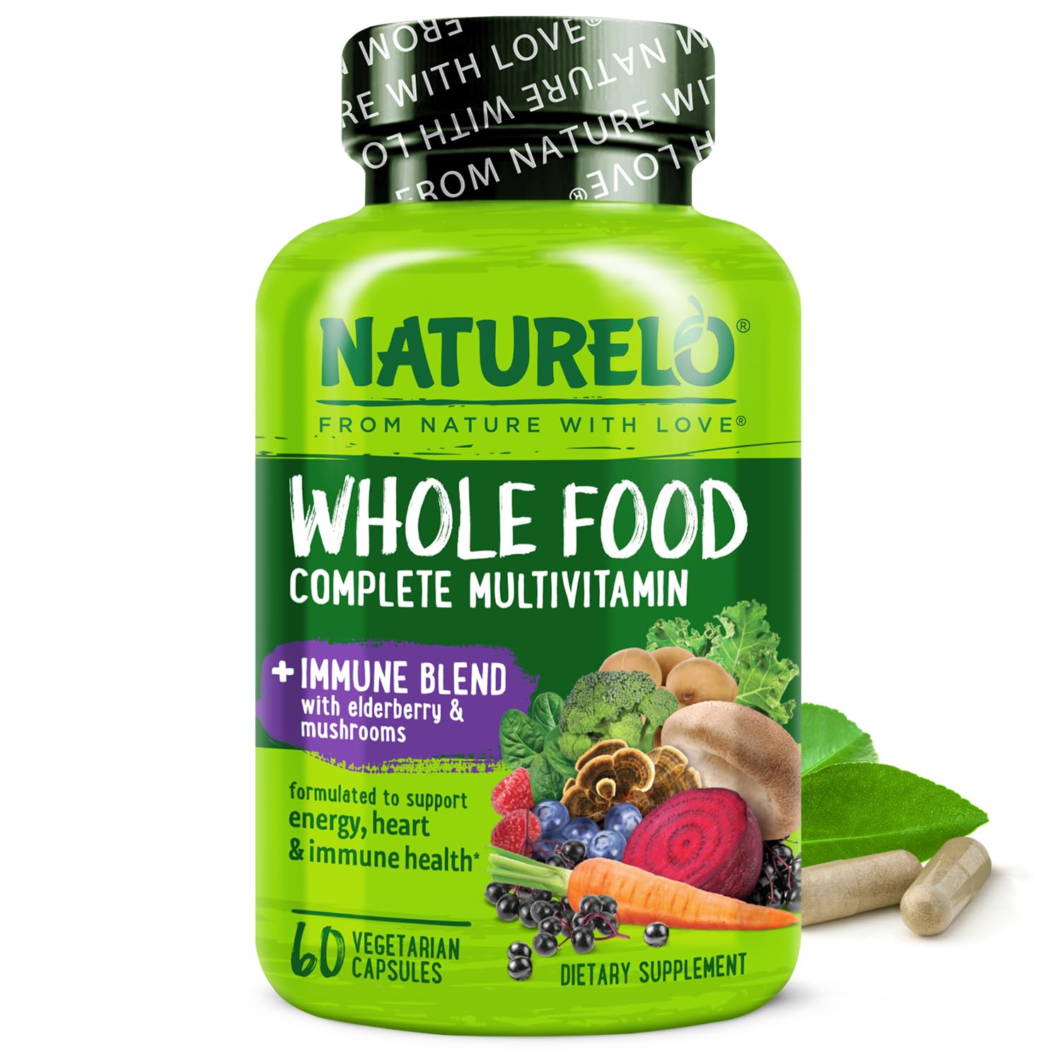 NATURELO Whole Food Multivitamin + Immune Blend – Elderberry & Mushrooms, 60 Vegan Capsules