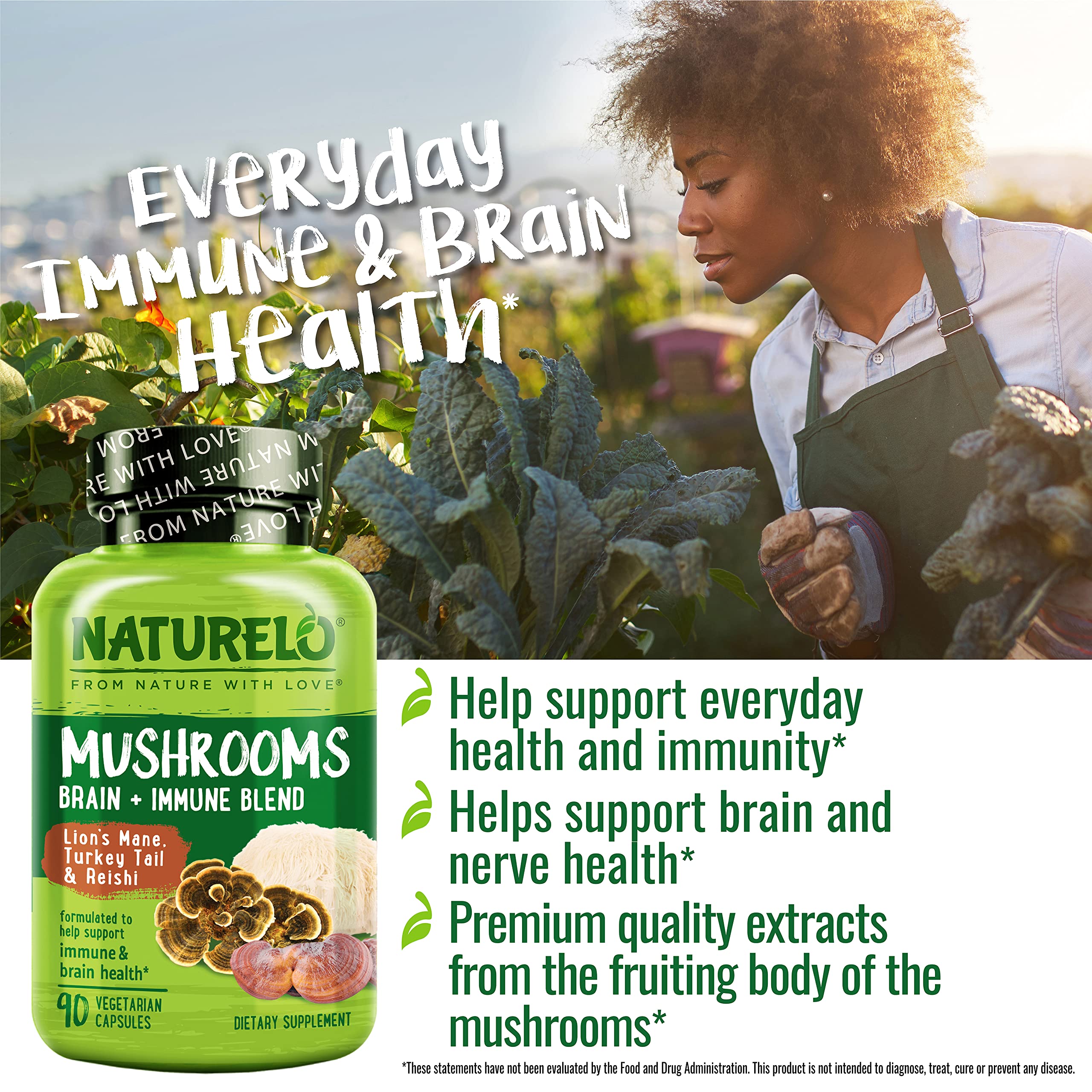 NATURELO Mushroom Supplement – Brain & Immune Blend with Lion’s Mane, Reishi & Turkey Tail – 90 Vegan Capsules