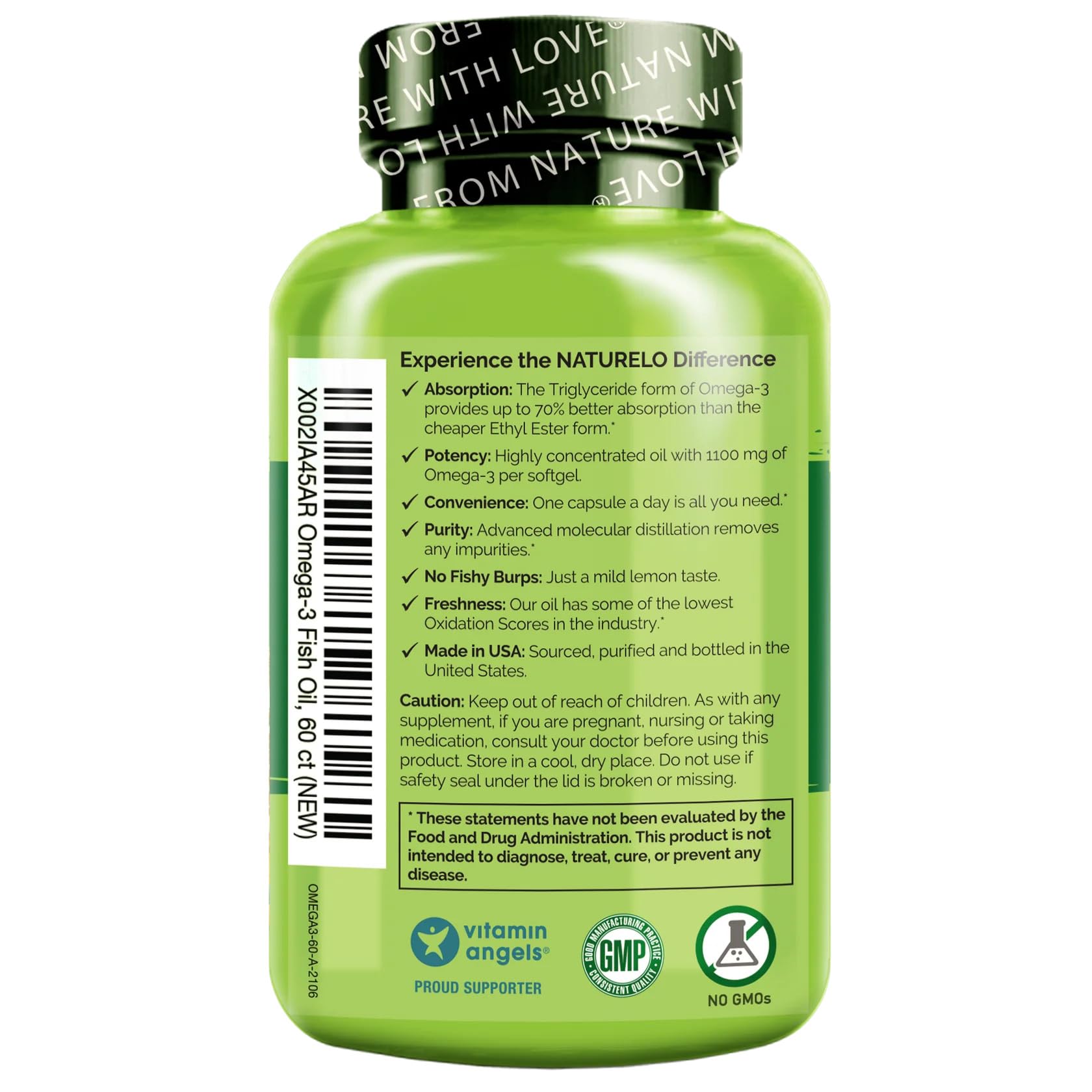 Naturelo Burpless Omega-3 Fish Oil 1100mg TG – EPA + DHA, 60 Softgels