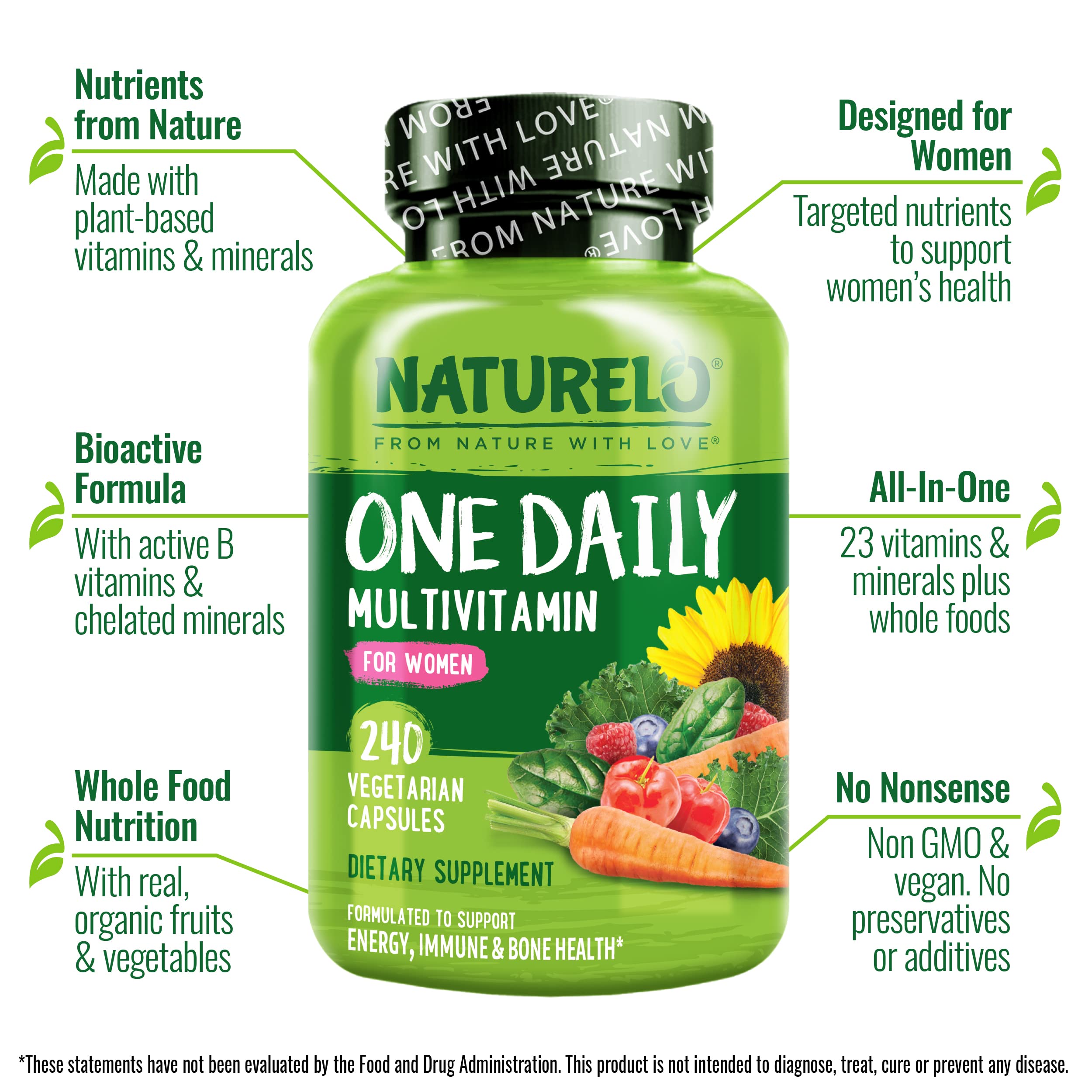 NATURELO One Daily Multivitamin for Women – 240 Ct | Vegan, Non-GMO, Gluten Free