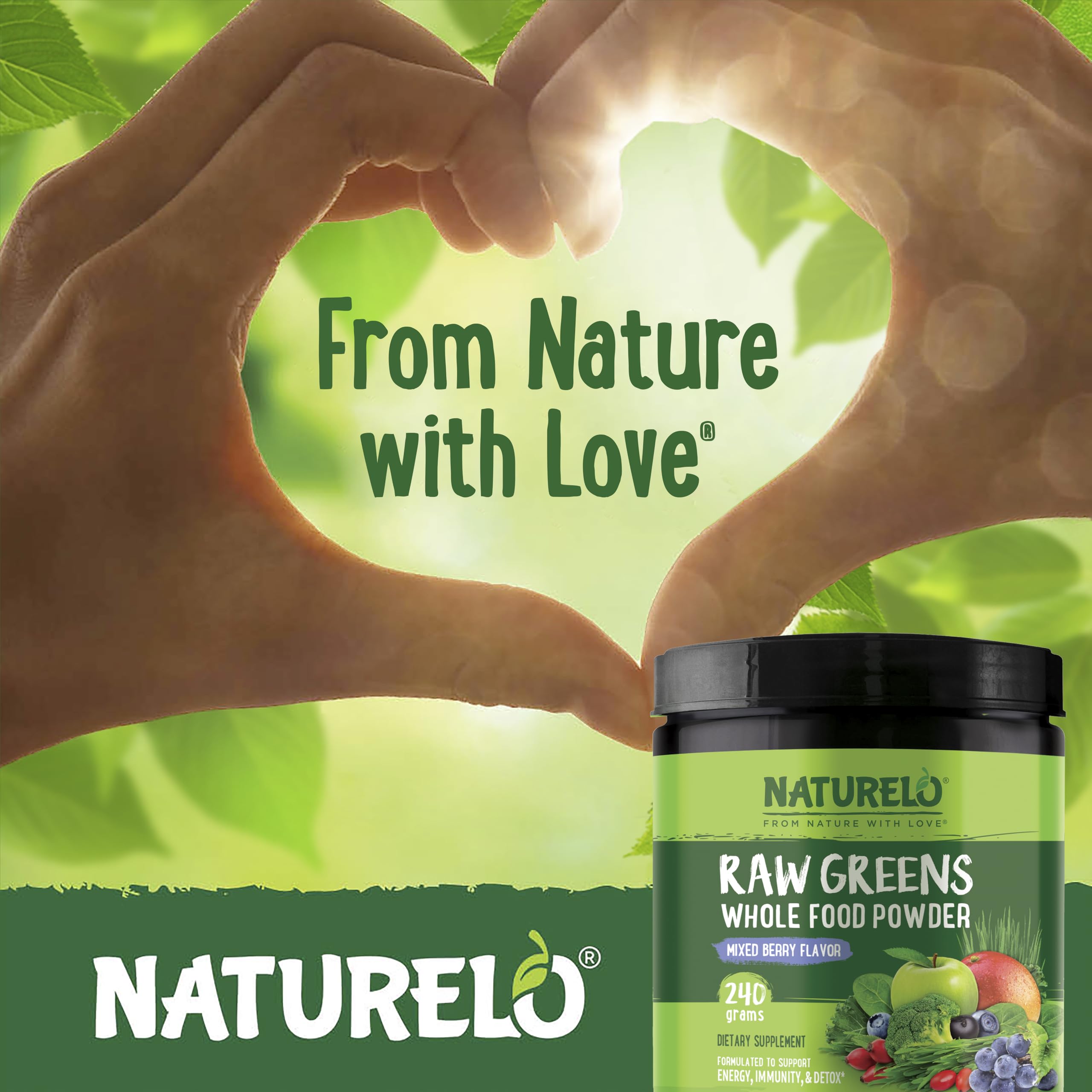 NATURELO Raw Greens Superfood Powder 240g – Mixed Berry | Energy, Immunity & Detox