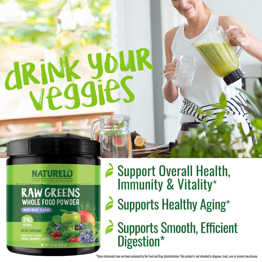 NATURELO Raw Greens Superfood Powder 240g – Mixed Berry | Energy, Immunity & Detox