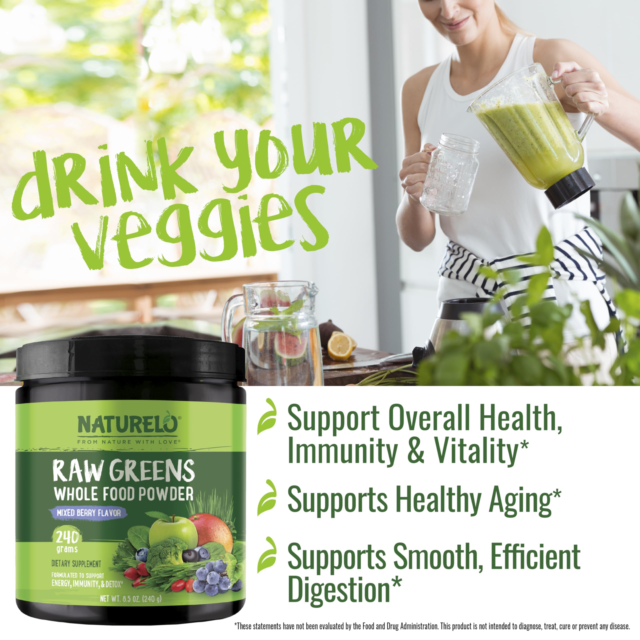 NATURELO Raw Greens Superfood Powder 240g – Mixed Berry | Energy, Immunity & Detox