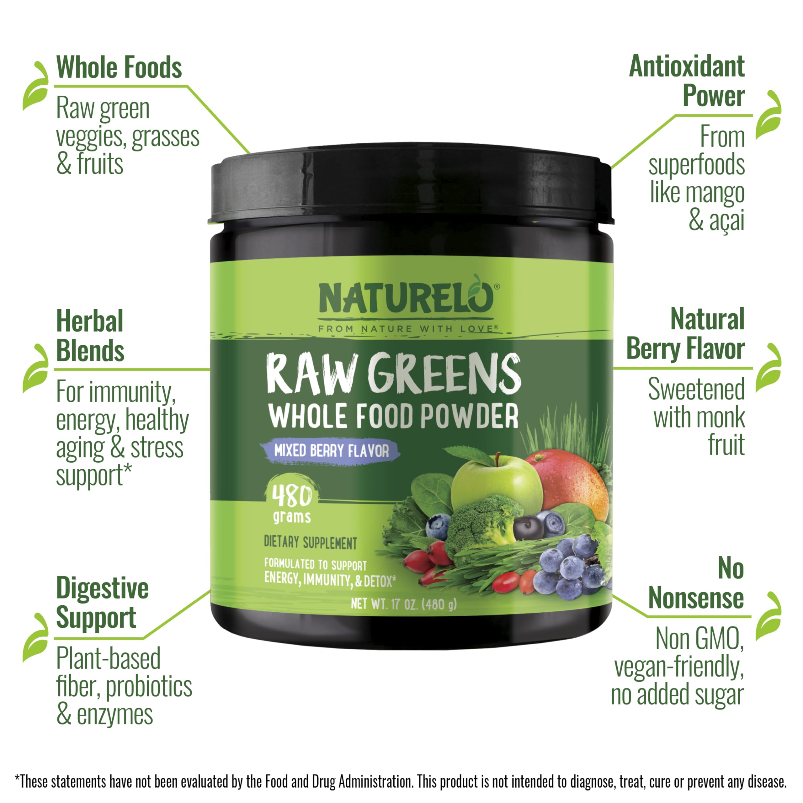 NATURELO Raw Greens Powder – Mixed Berry, 480 g | Energy, Immunity & Detox Support