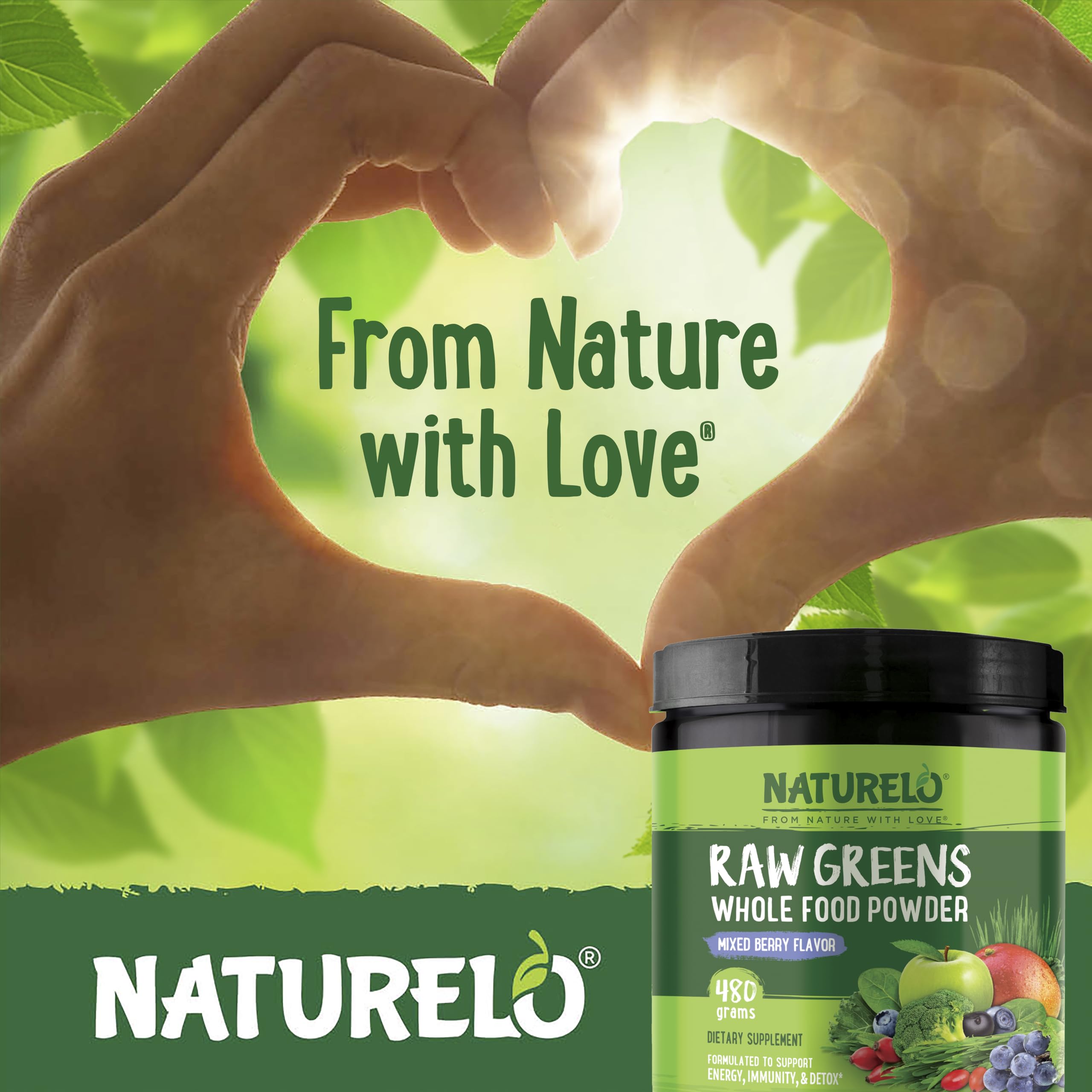 NATURELO Raw Greens Powder – Mixed Berry, 480 g | Energy, Immunity & Detox Support