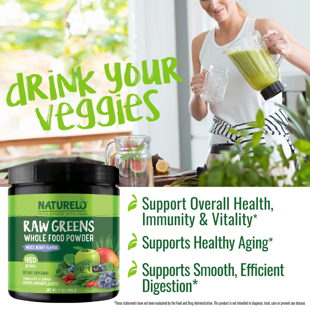 NATURELO Raw Greens Powder – Mixed Berry, 480 g | Energy, Immunity & Detox Support