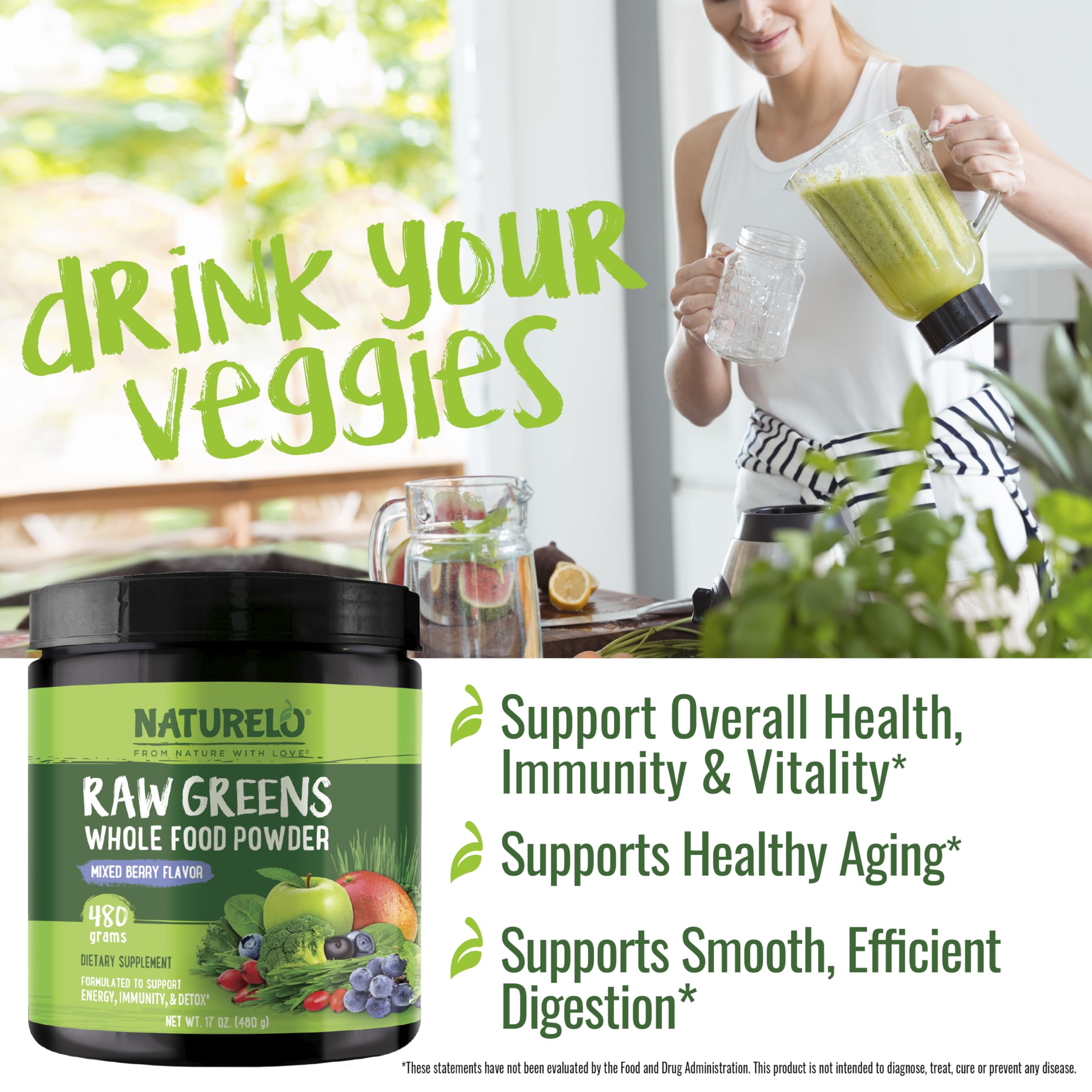 NATURELO Raw Greens Powder – Mixed Berry, 480 g | Energy, Immunity & Detox Support