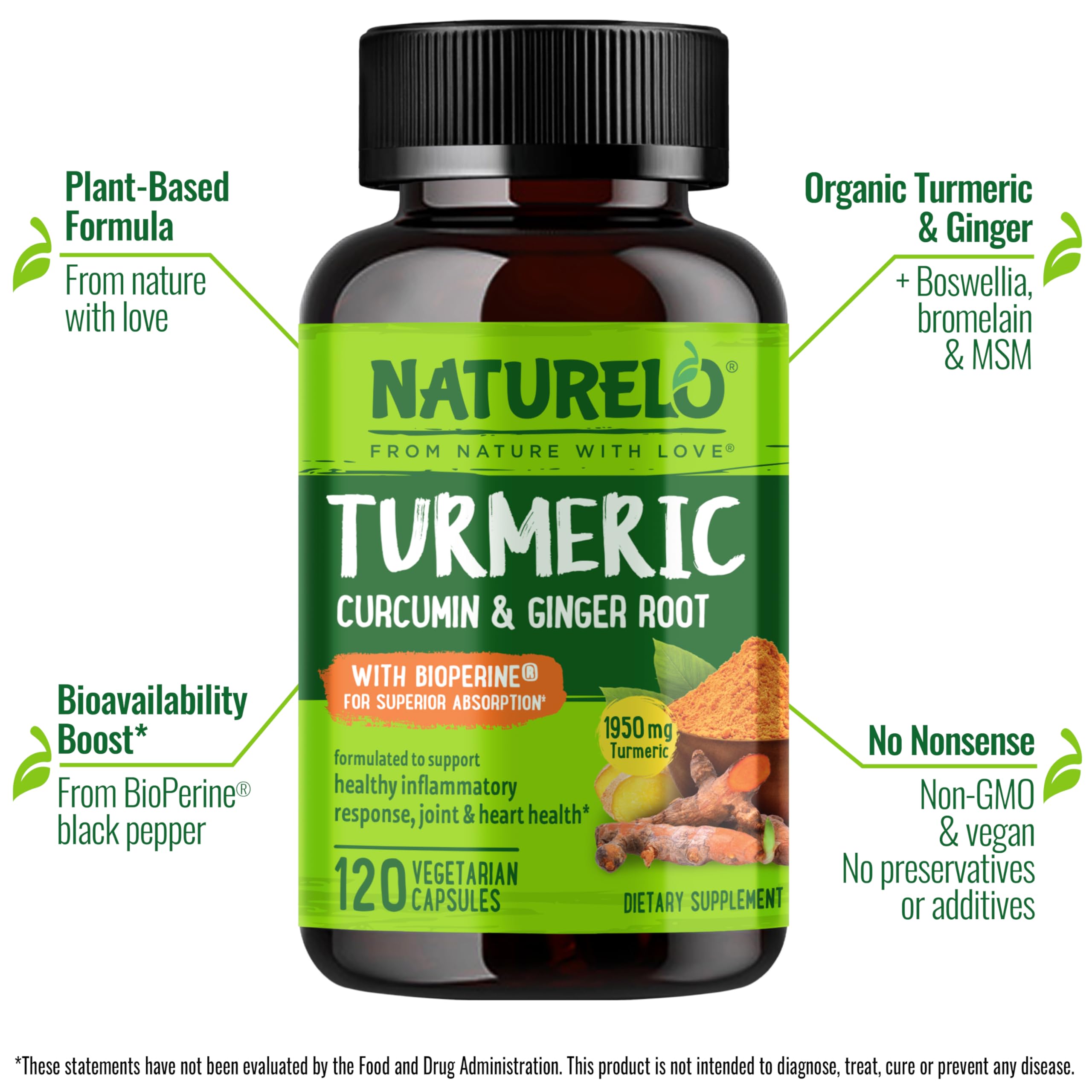 NATURELO Turmeric Curcumin with BioPerine - Plant-Based Joint Support (120 Vegan Capsules)