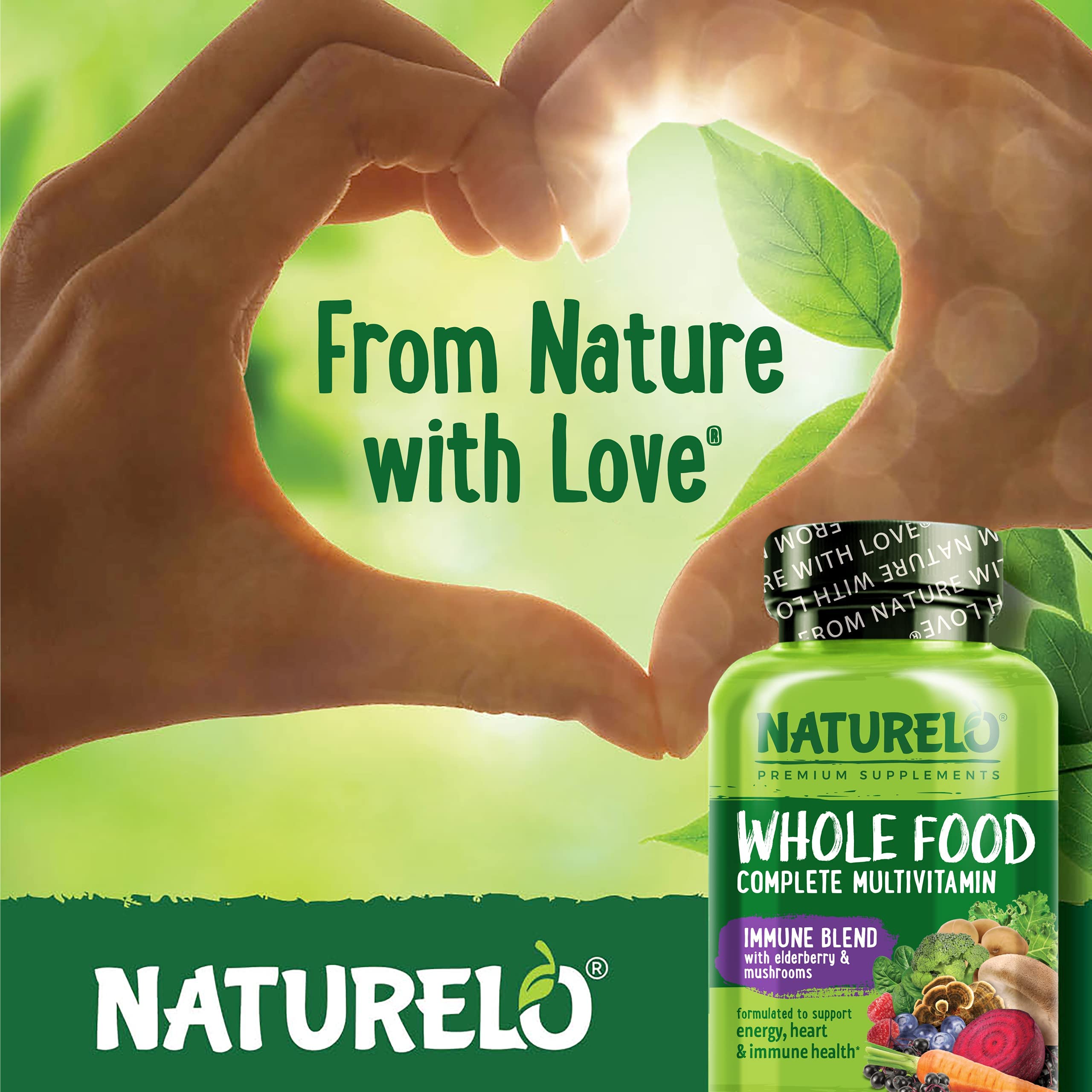 NATURELO Whole Food Multivitamin + Immune Blend – Elderberry & Mushrooms, 60 Vegan Capsules