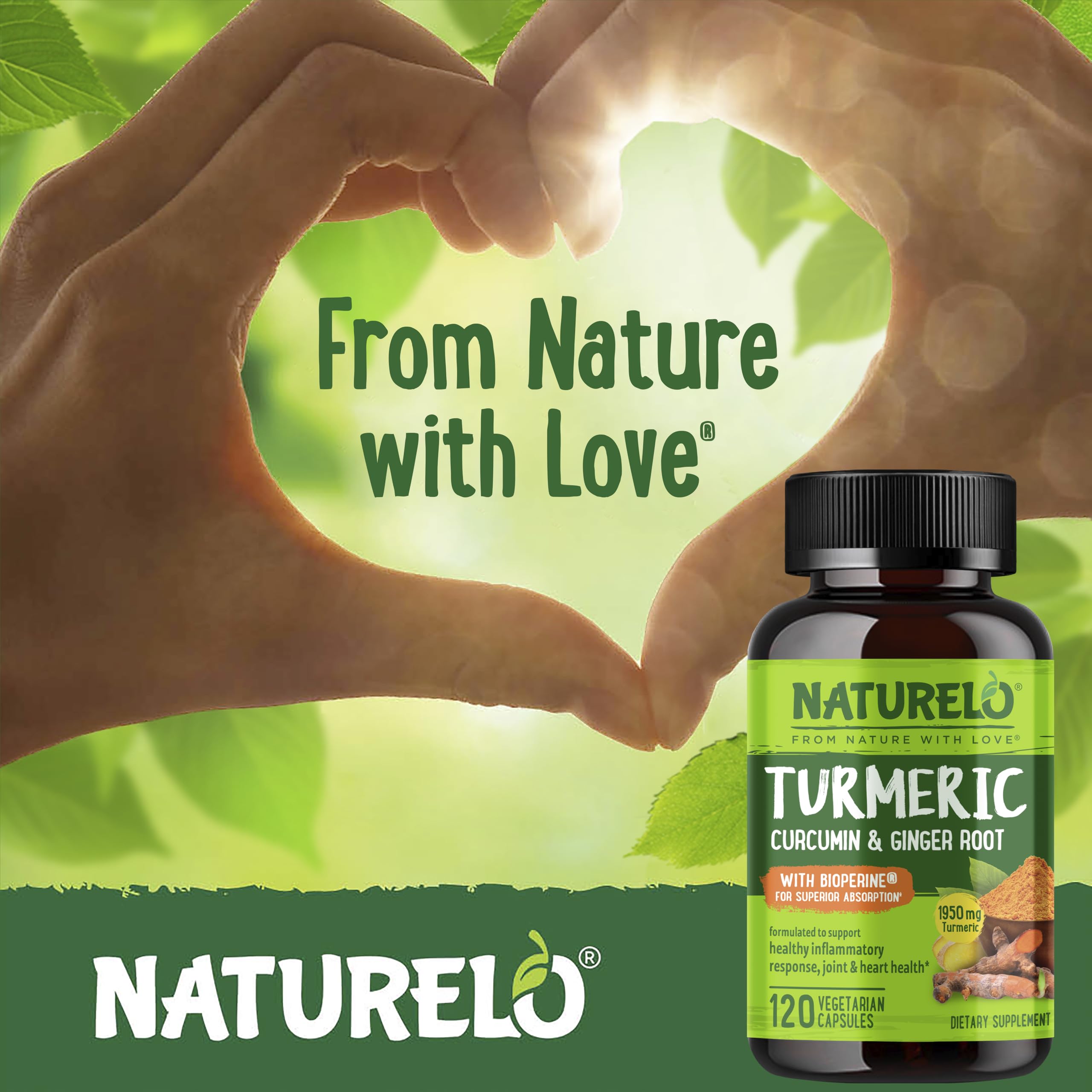 NATURELO Turmeric Curcumin with BioPerine - Plant-Based Joint Support (120 Vegan Capsules)