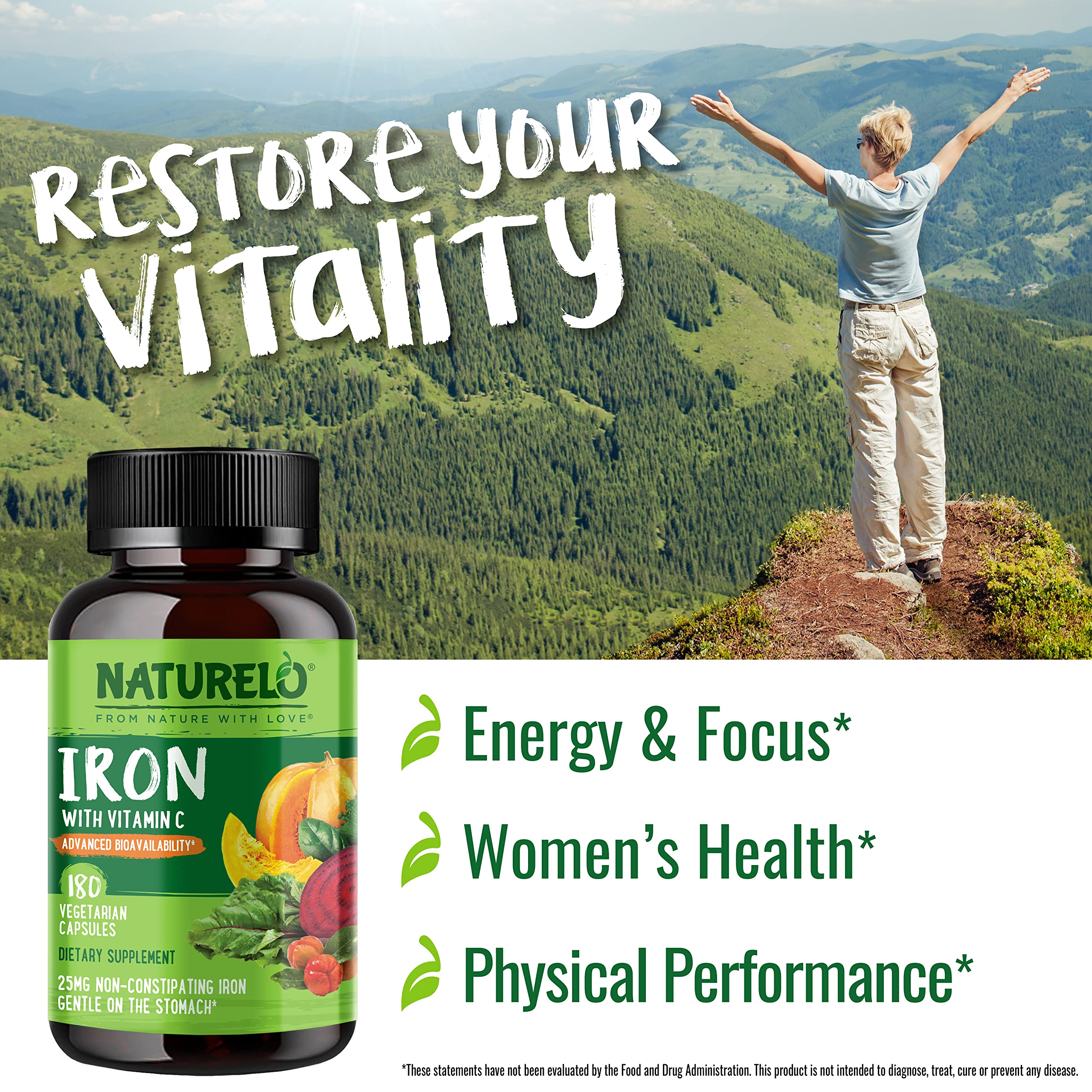 NATURELO Vegan Iron Supplement with Vitamin C | Gentle Ferrous Bisglycinate