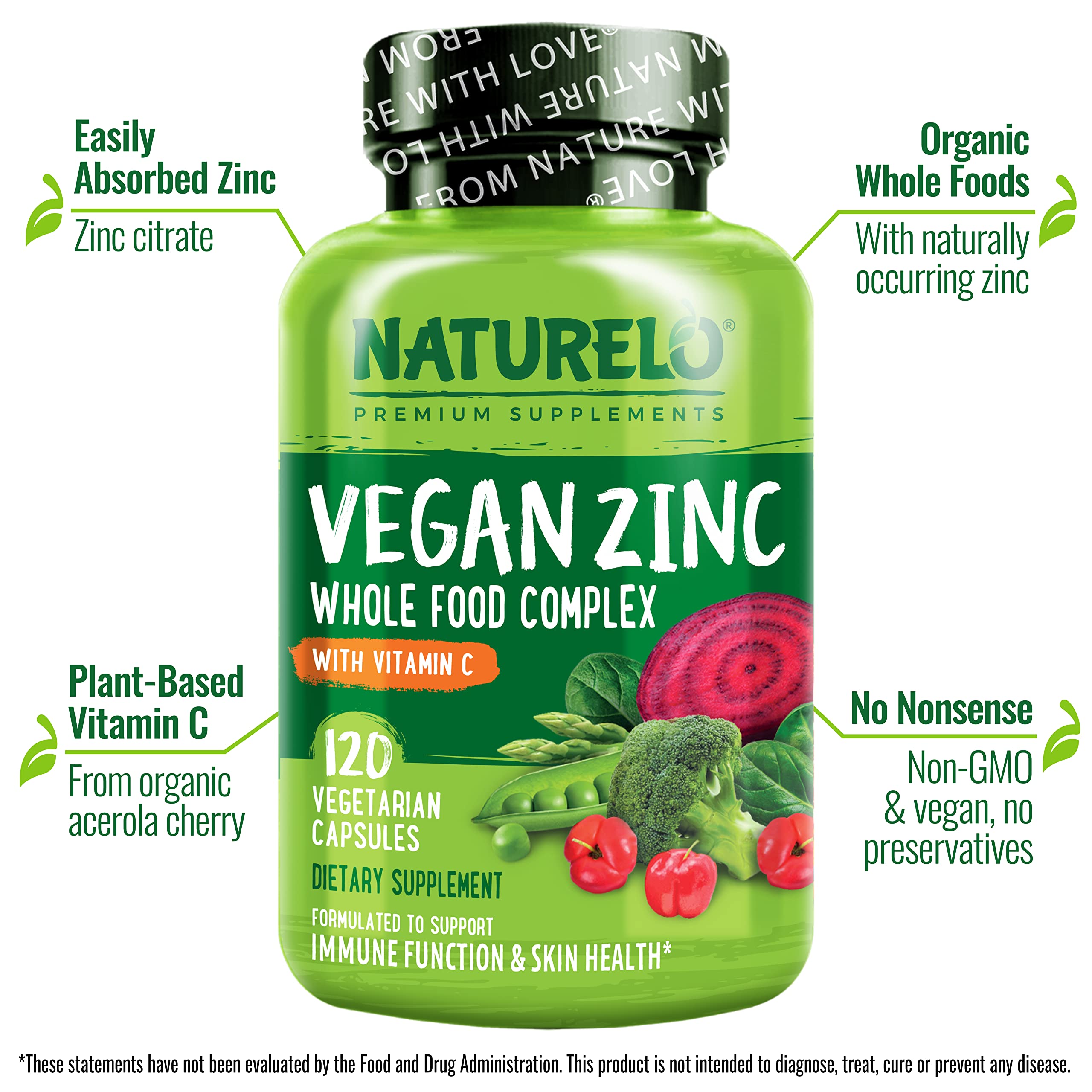 NATURELO Vegan Zinc Immune Support Capsules – Pack of 2 (120 Capsules)