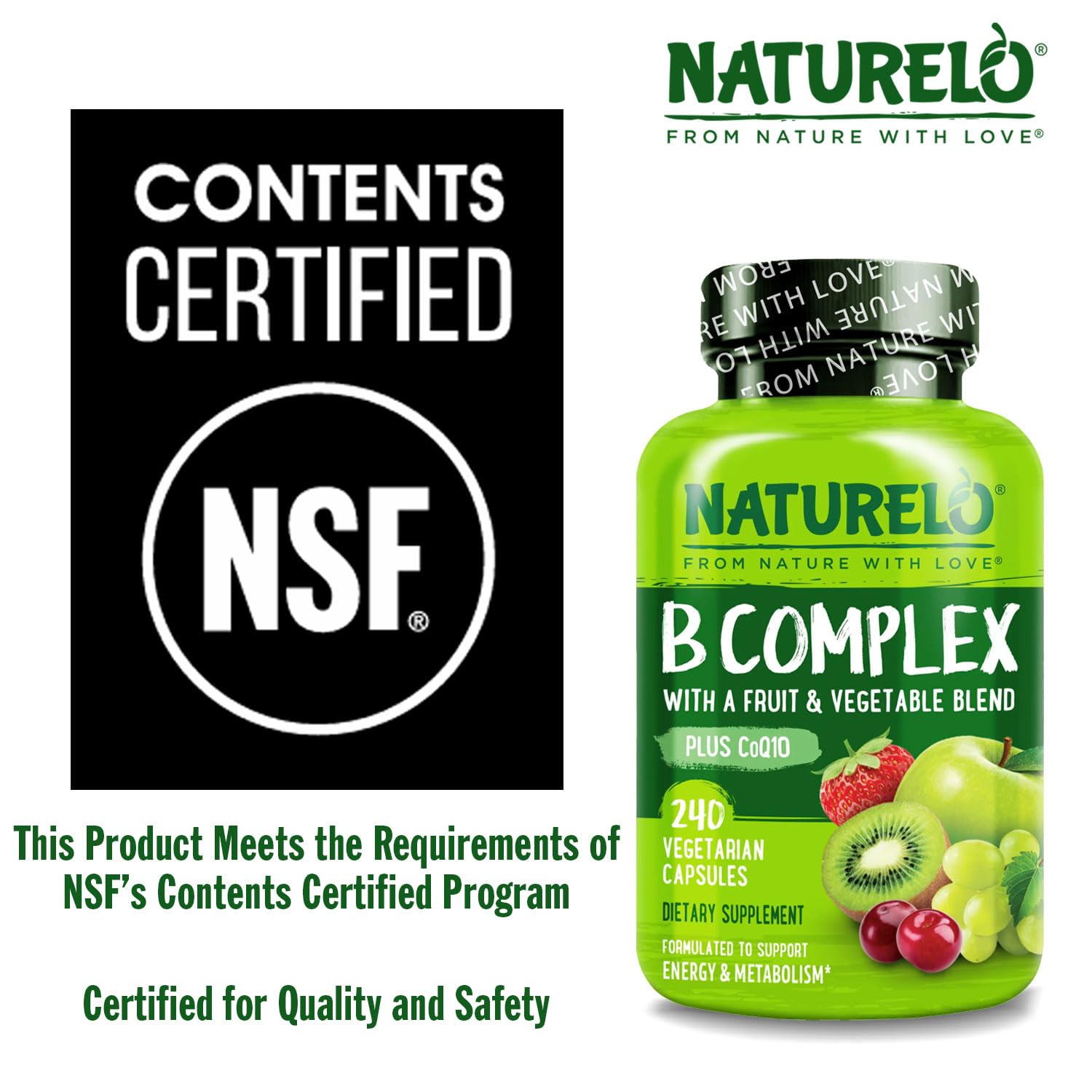 NATURELO Vitamin B Complex – 240 Vegan Capsules with CoQ10 | Methylated B Vitamins