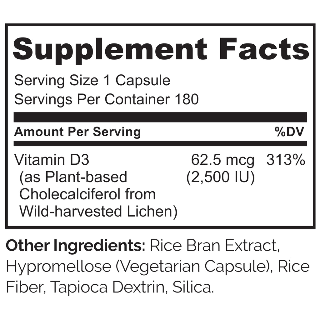NATURELO Vitamin D3 2500 IU - Plant-Based from Lichen | Vegan & Gluten Free