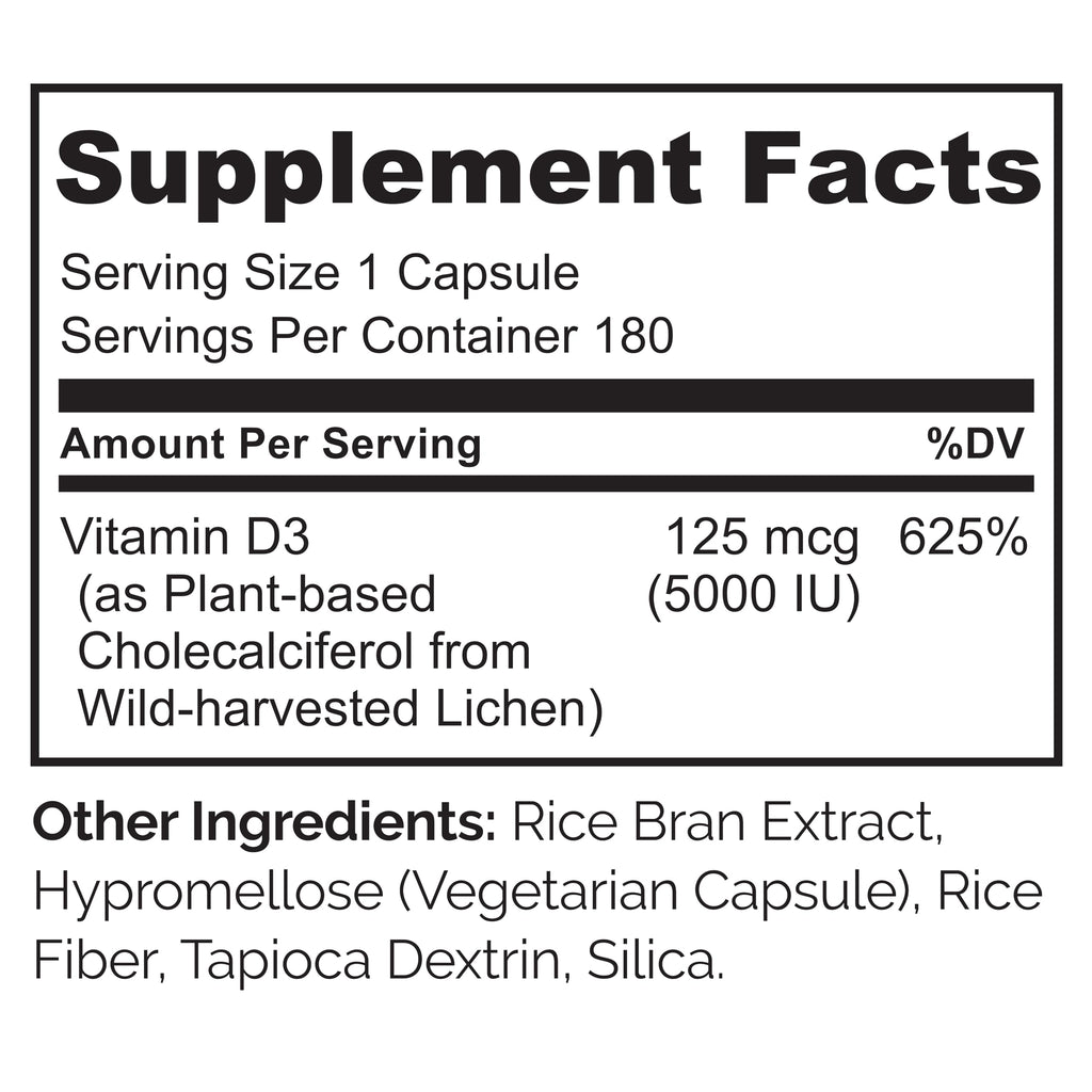 Naturelo Vitamin D3 5000 IU – Plant-Based from Lichen | Vegan D3, 180 Capsules