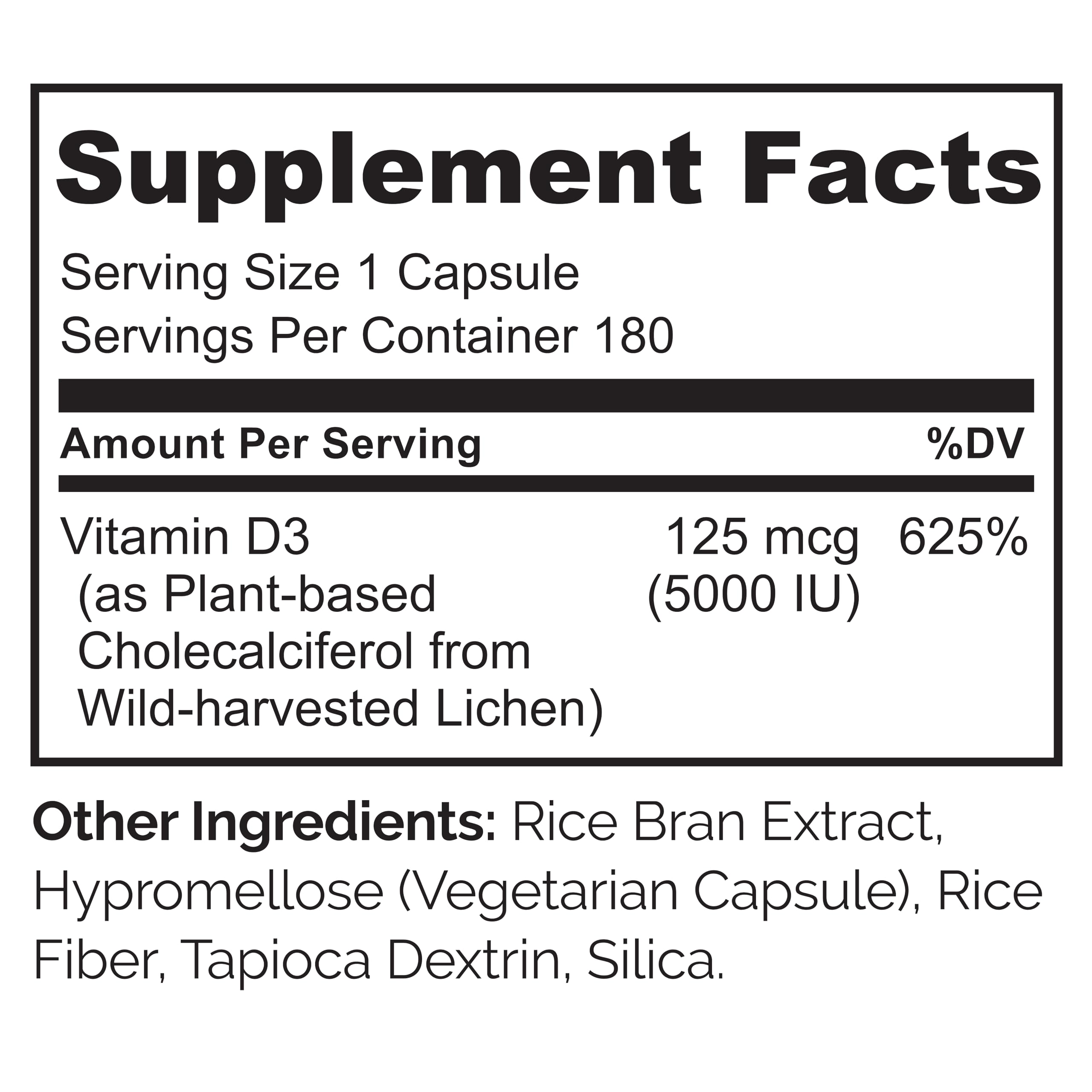 Naturelo Vitamin D3 5000 IU – Plant-Based from Lichen | Vegan D3, 180 Capsules