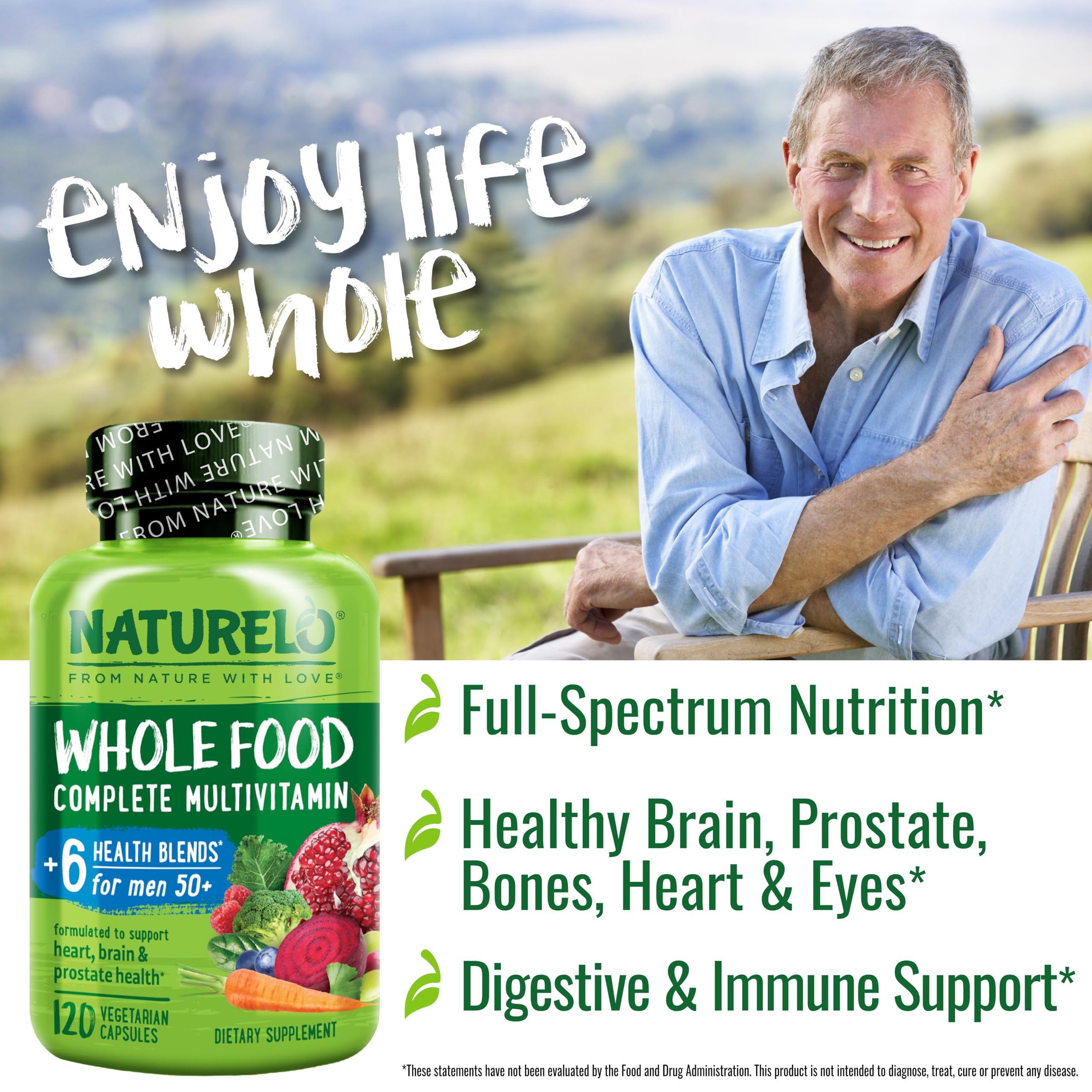 NATURELO Whole Food Multivitamin for Men 50+ – Plant-Based, 120 Capsules