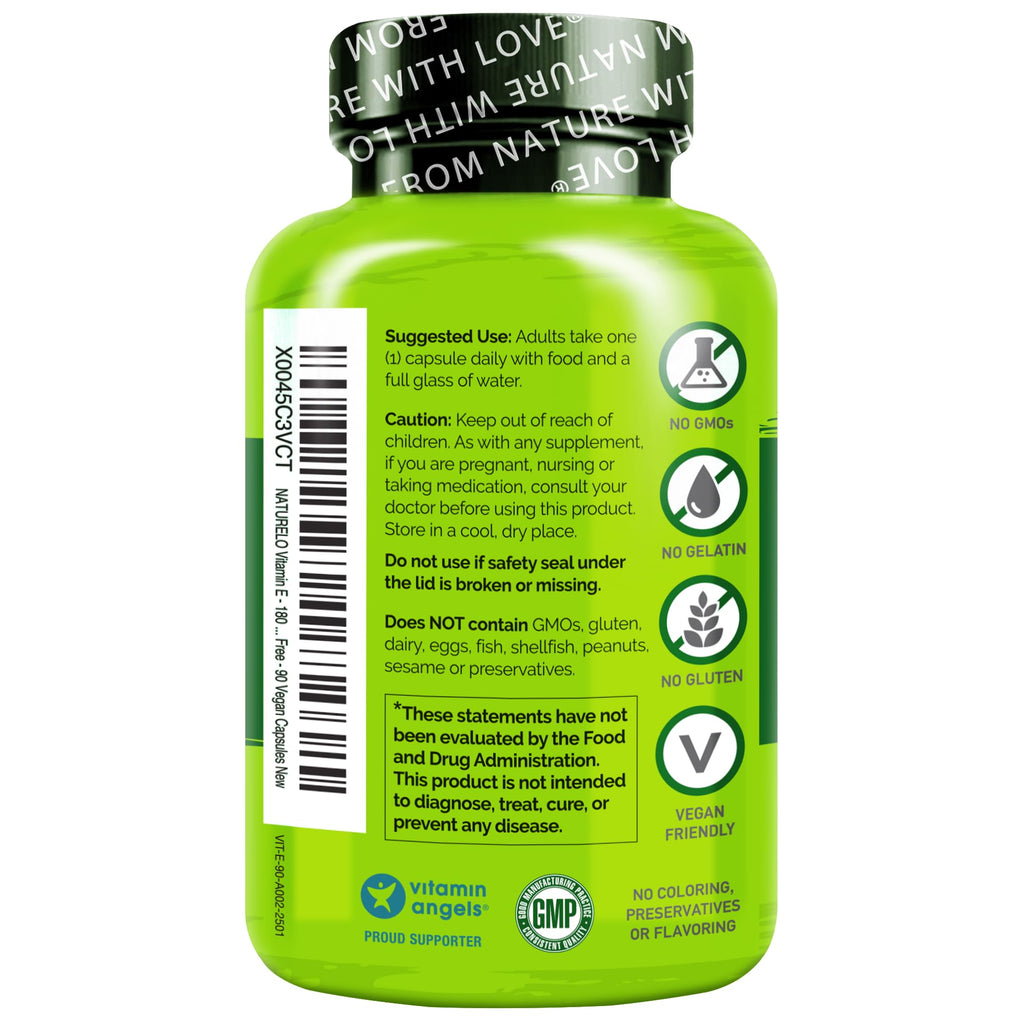 NATURELO Vitamin E 180 mg from Organic Whole Foods – Vegan, Non-GMO, Soy Free, 90 Capsules (Pack of 2)