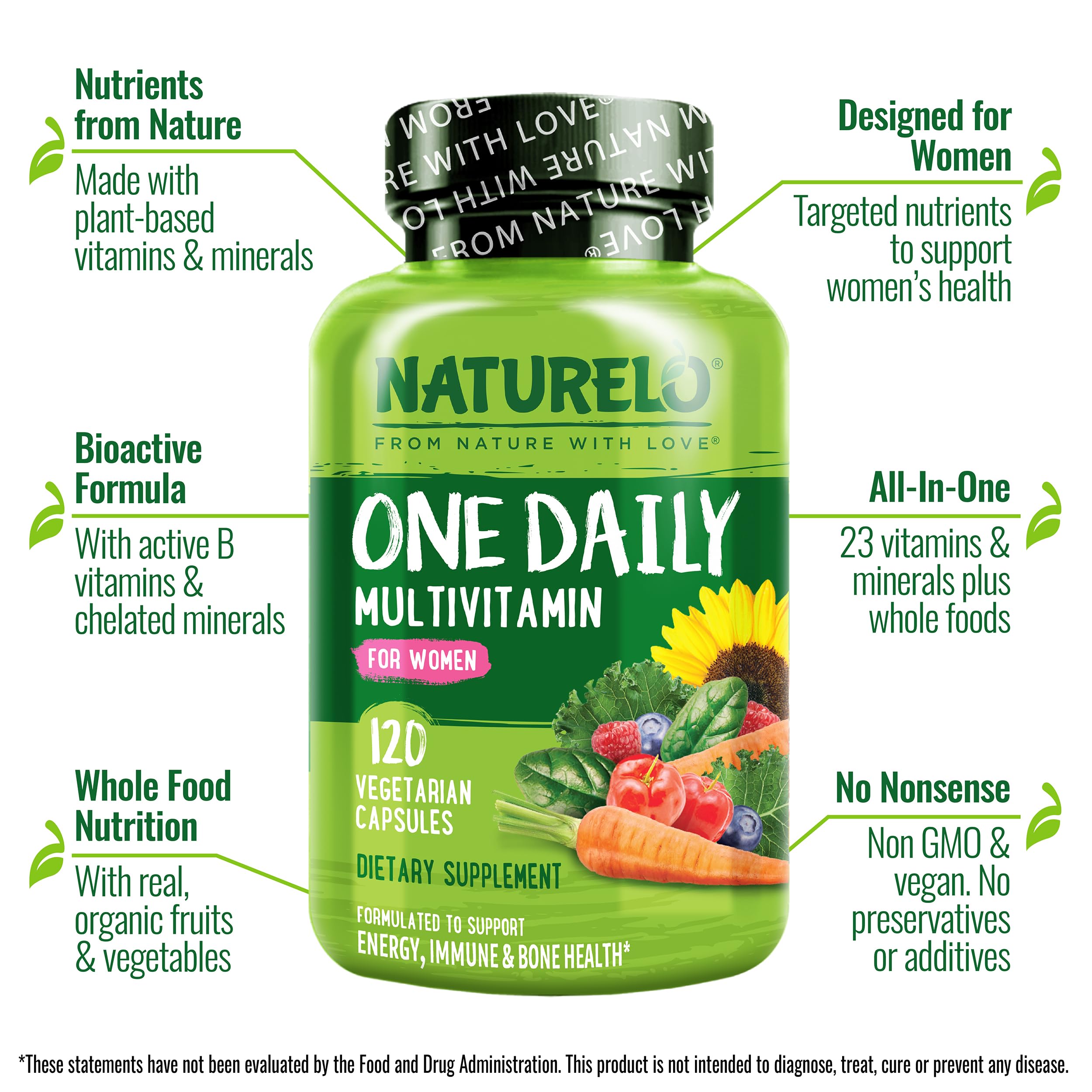 NATURELO One Daily Multivitamin for Women – 120 Ct, Non-GMO, Gluten Free