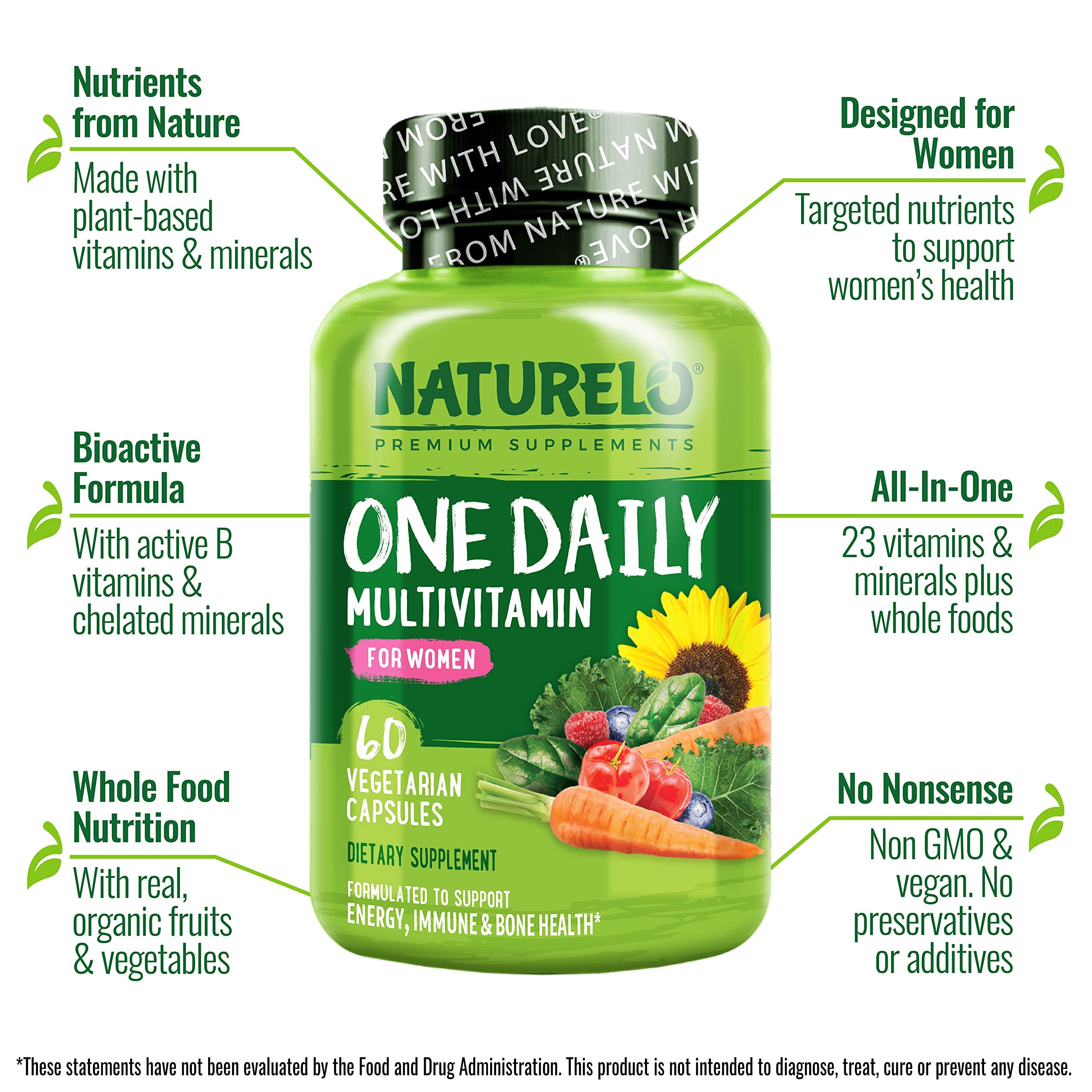 NATURELO One Daily Multivitamin for Women – 60 Ct, Energy Support, Non-GMO, Gluten Free