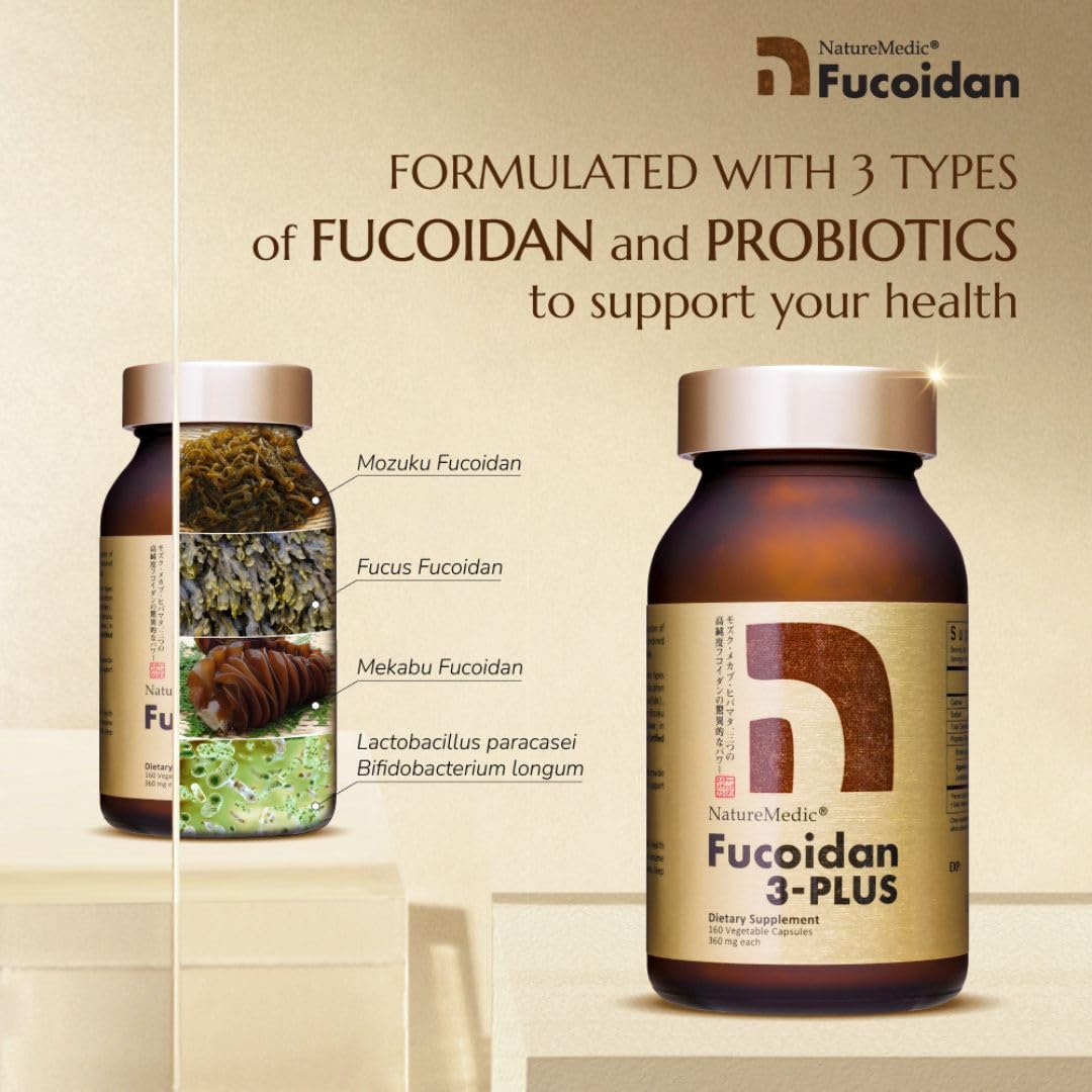 NatureMedic Fucoidan 3-Plus Brown Seaweed Immunity Supplement – 3 Types of High Purity Fucoidan | 160 Veg Capsules | Made in Japan