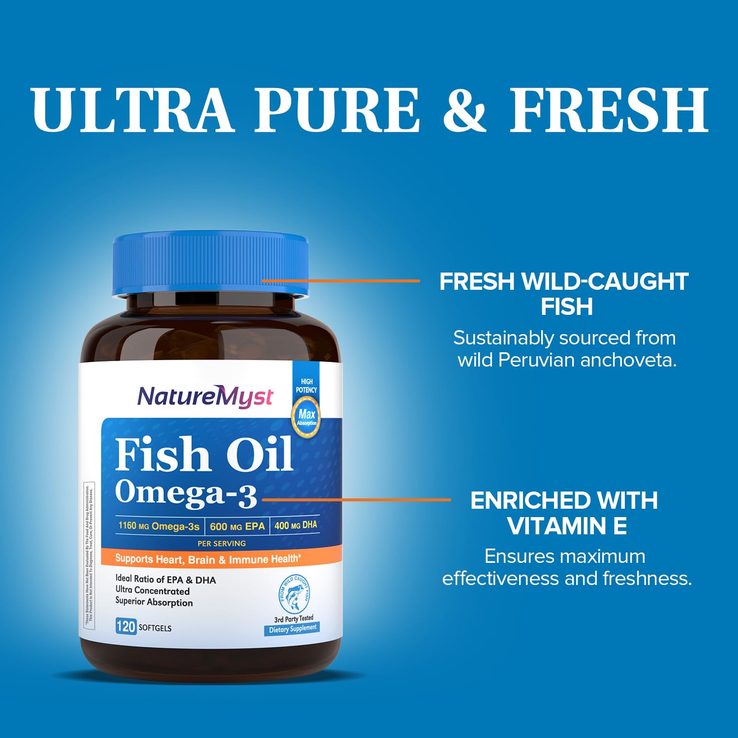 NatureMyst Omega-3 Fish Oil 2000mg - 120 Softgels | 1160 mg Omega-3, 600 mg EPA, 400 mg DHA | Heart, Brain, Immune Health
