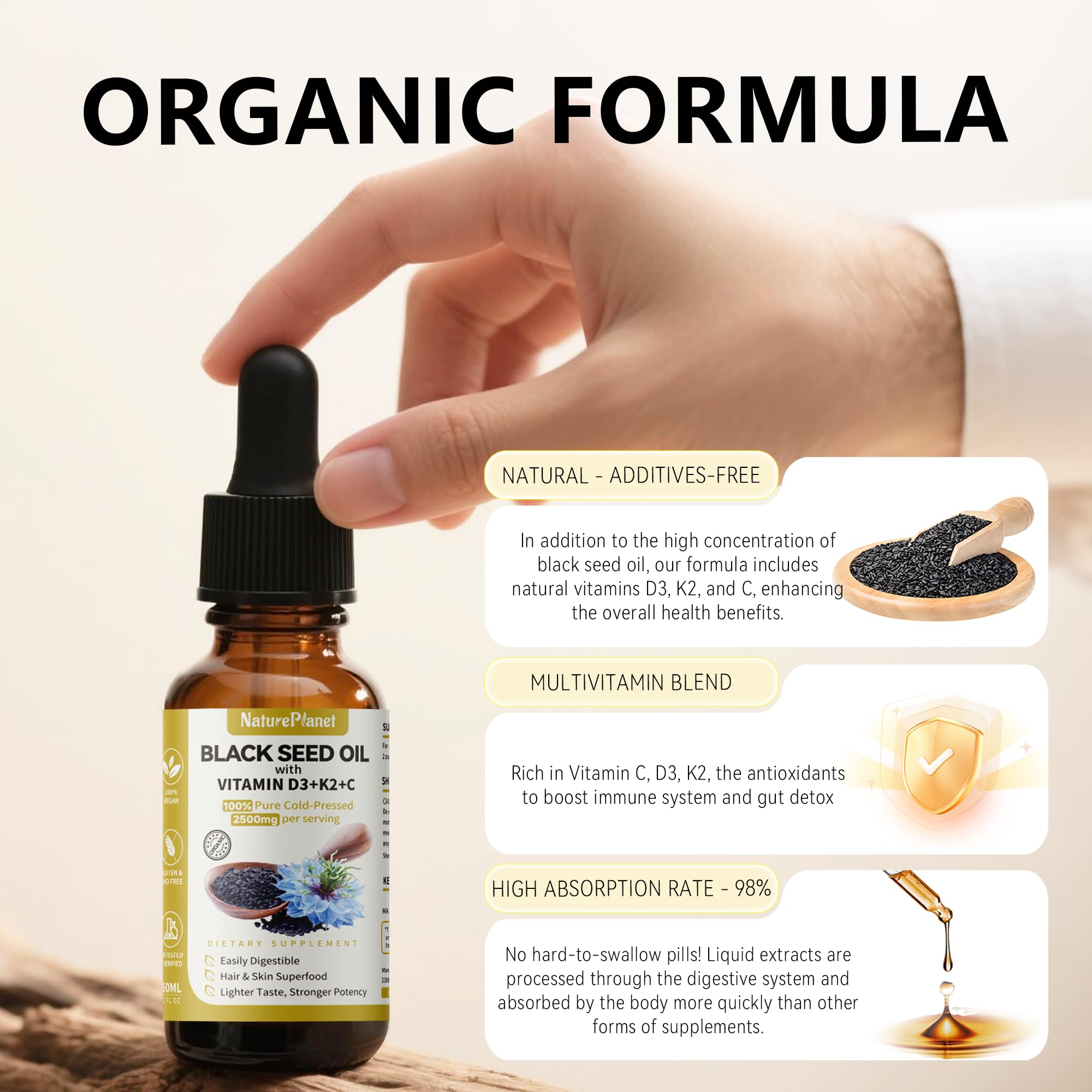 NaturePlanet Organic Soursop Bitters and Black Seed Oil Drops Bundles with Vitamins D3, K2, B6, C | Vegan, Non-GMO, Gluten-Free
