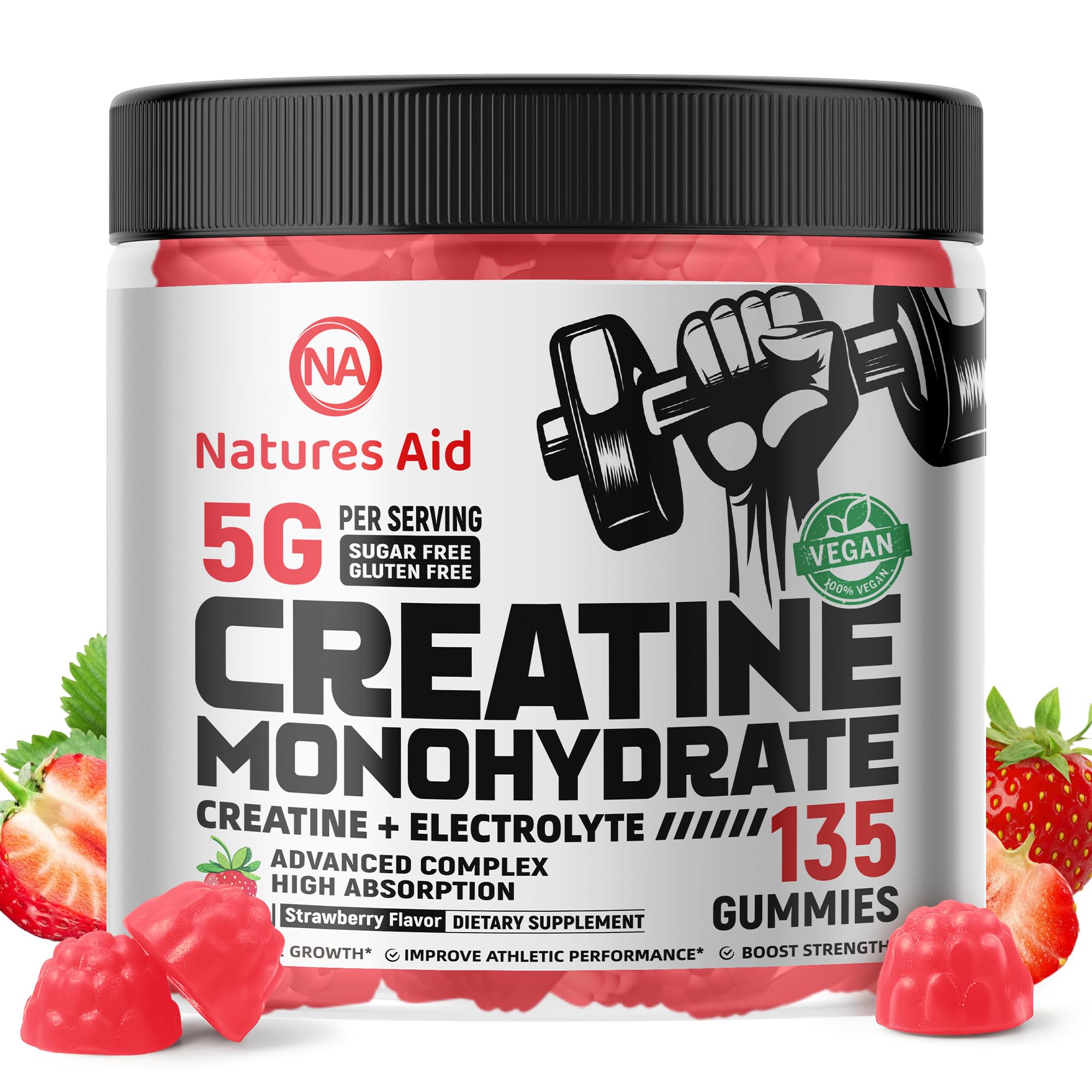 Natures Aid Creatine Monohydrate Gummies (5g) – Pre-Workout Energy & Muscle Growth Support (Strawberry Electrolyte, 135 Count)