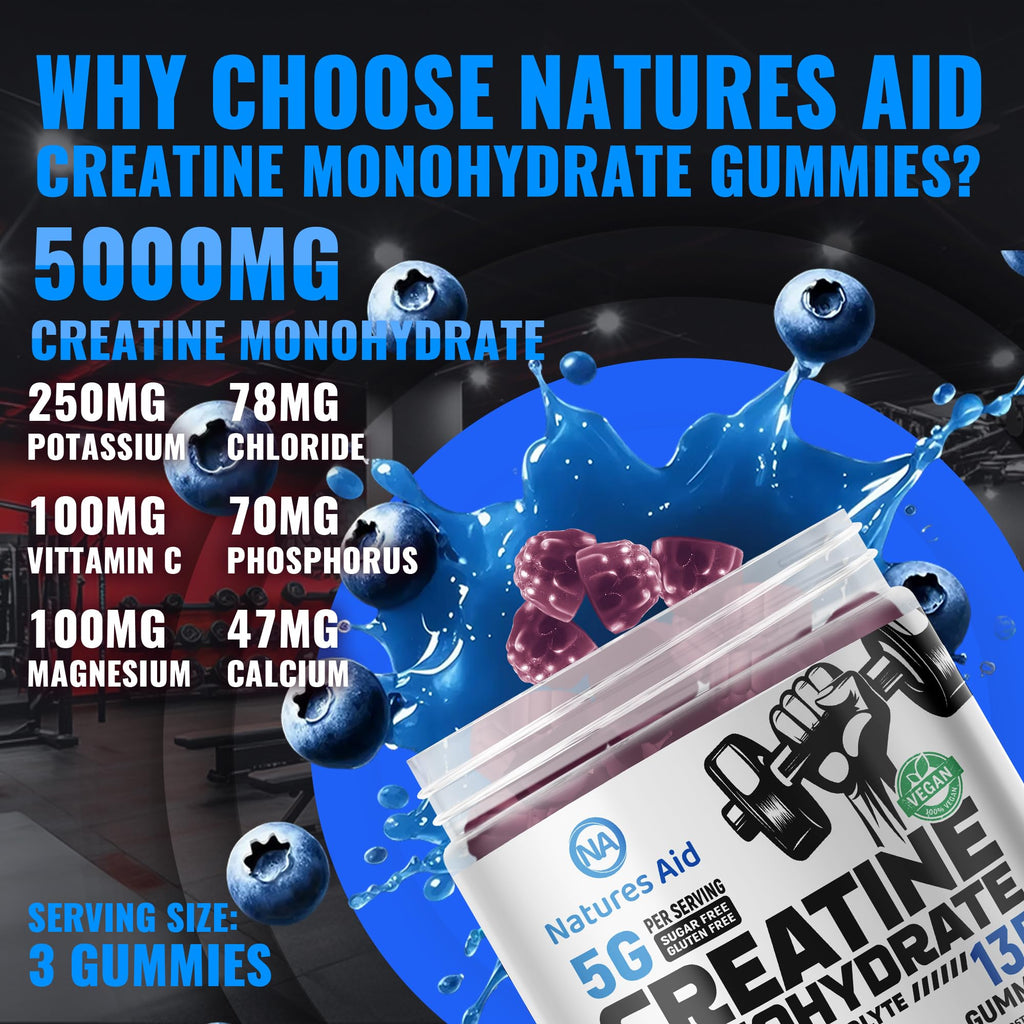 Natures Aid Creatine Monohydrate Gummies (5g) – Blueberry Electrolyte, 135 Count | Vegan & Sugar-Free