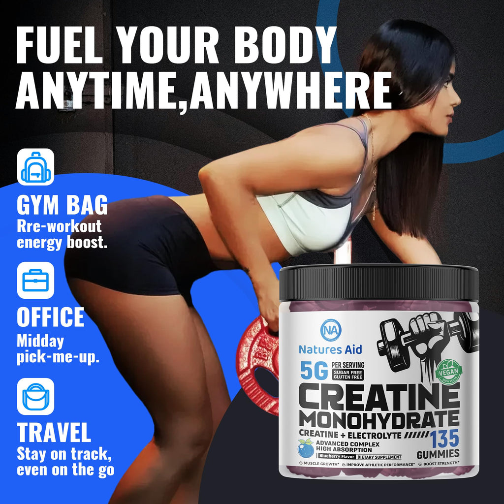 Natures Aid Creatine Monohydrate Gummies (5g) – Blueberry Electrolyte, 135 Count | Vegan & Sugar-Free