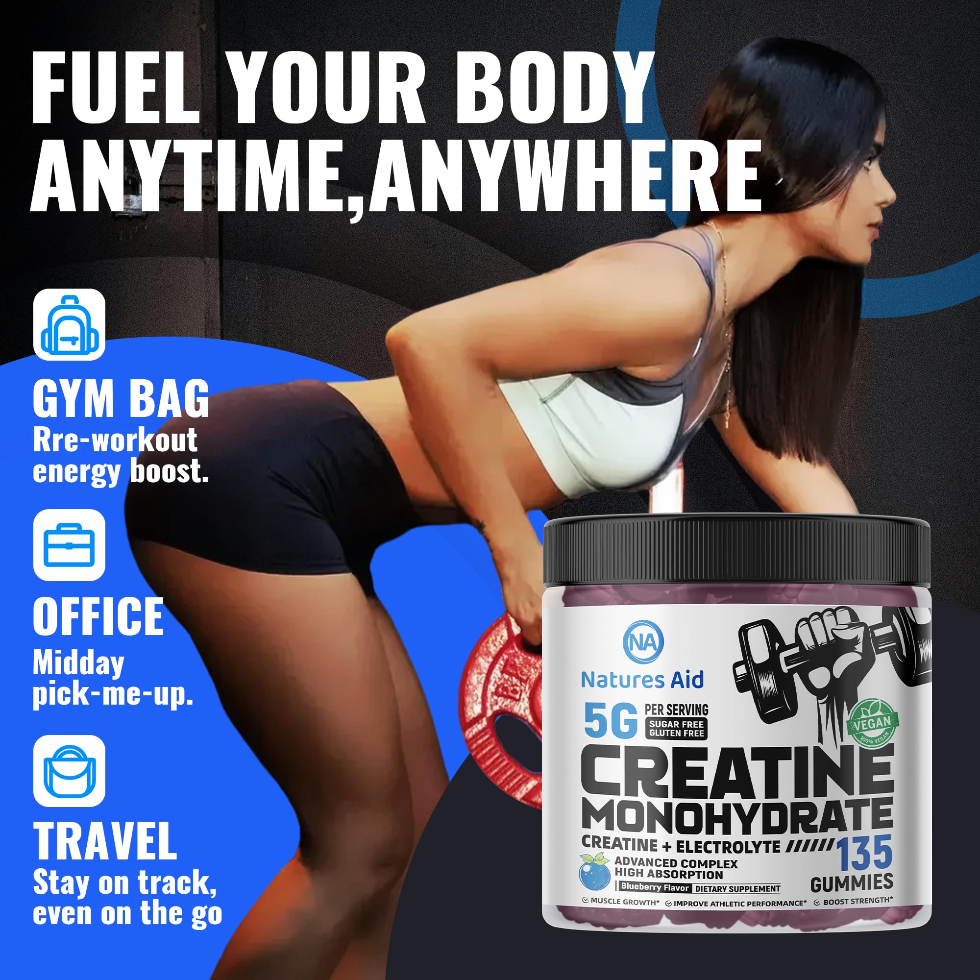 Natures Aid Creatine Monohydrate Gummies (5g) – Blueberry Electrolyte, 135 Count | Vegan & Sugar-Free