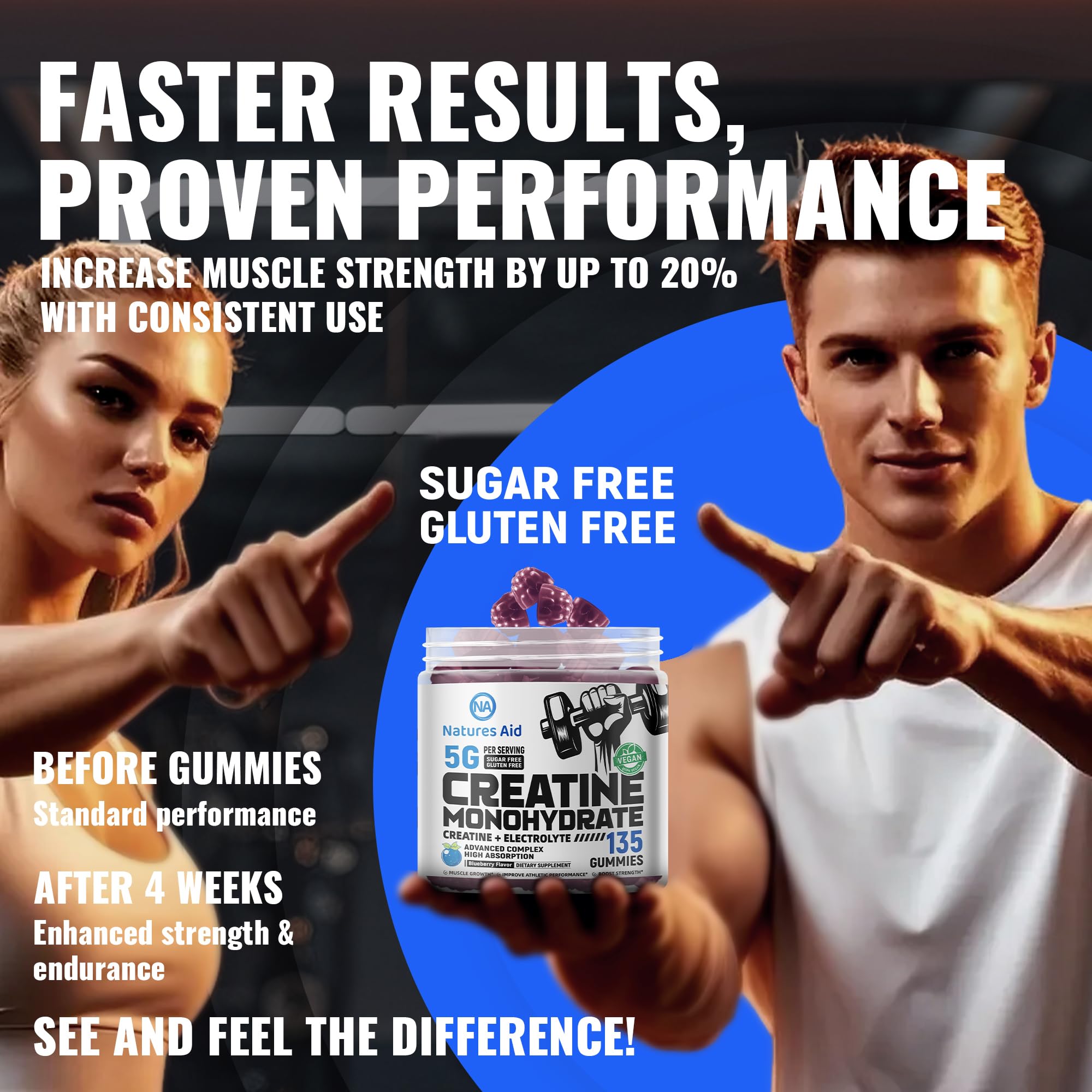 Natures Aid Creatine Monohydrate Gummies (5g) – Blueberry Electrolyte, 135 Count | Vegan & Sugar-Free