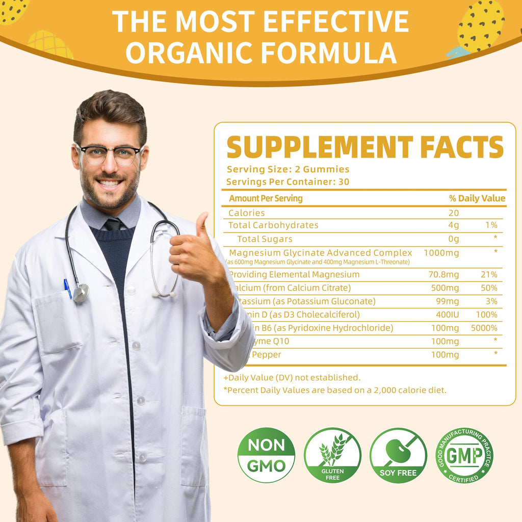 Nature's Aid Magnesium Glycinate Gummies 1000mg – Sugar-Free Pineapple Gummies with Vitamin D, B6 & CoQ10 (120 each, 2 Pack)