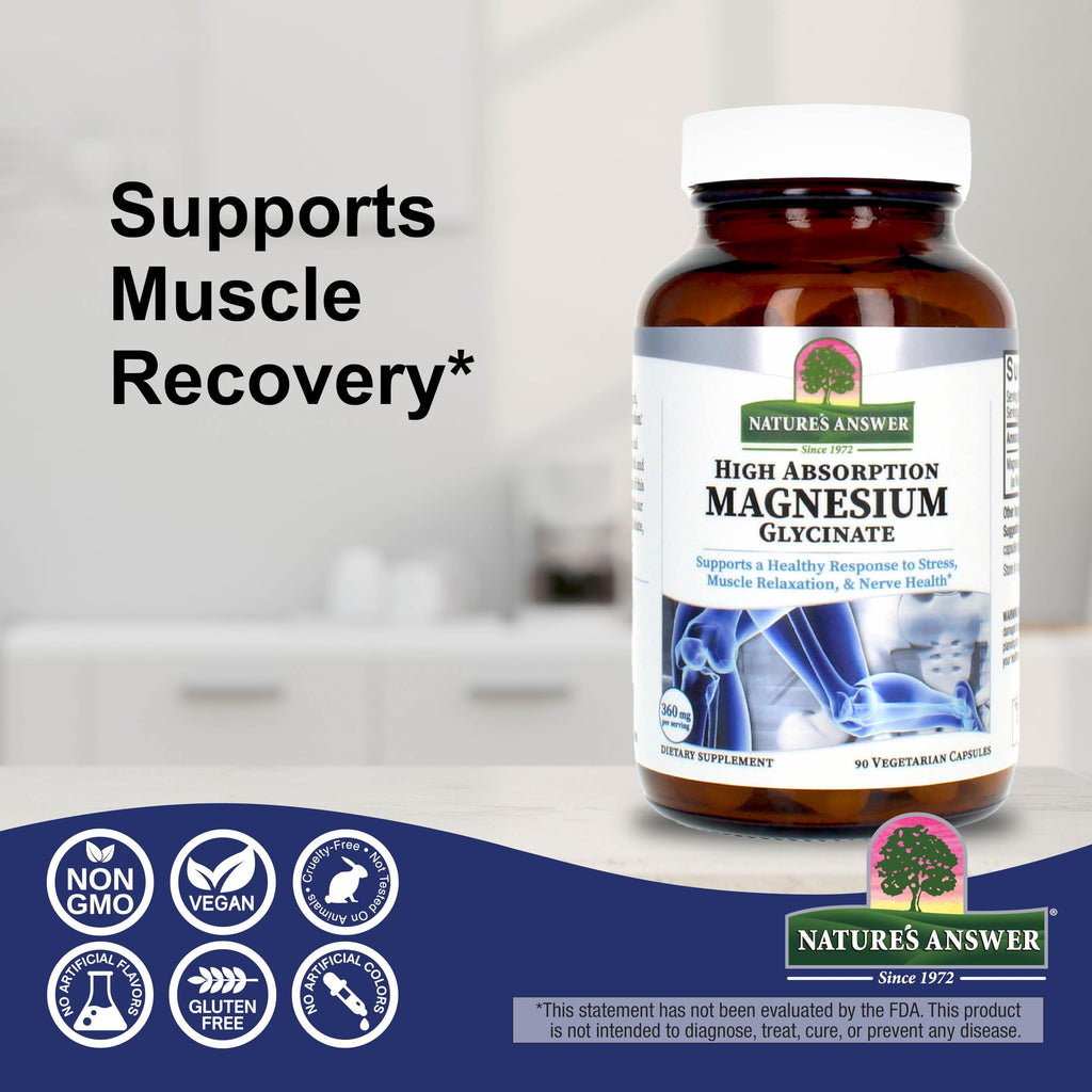 Nature's Answer Magnesium Glycinate Vegetarian Capsules 90 Count | Muscle Function, Relaxation & Stress Support | Vegan, Non-GMO, Made in USA