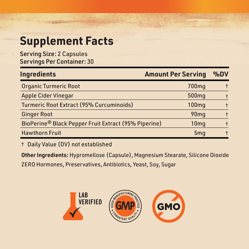 Nature's Base Turmeric & Ginger Supplement - Curcumin 95% | ACV & BioPerine - 60 Capsules
