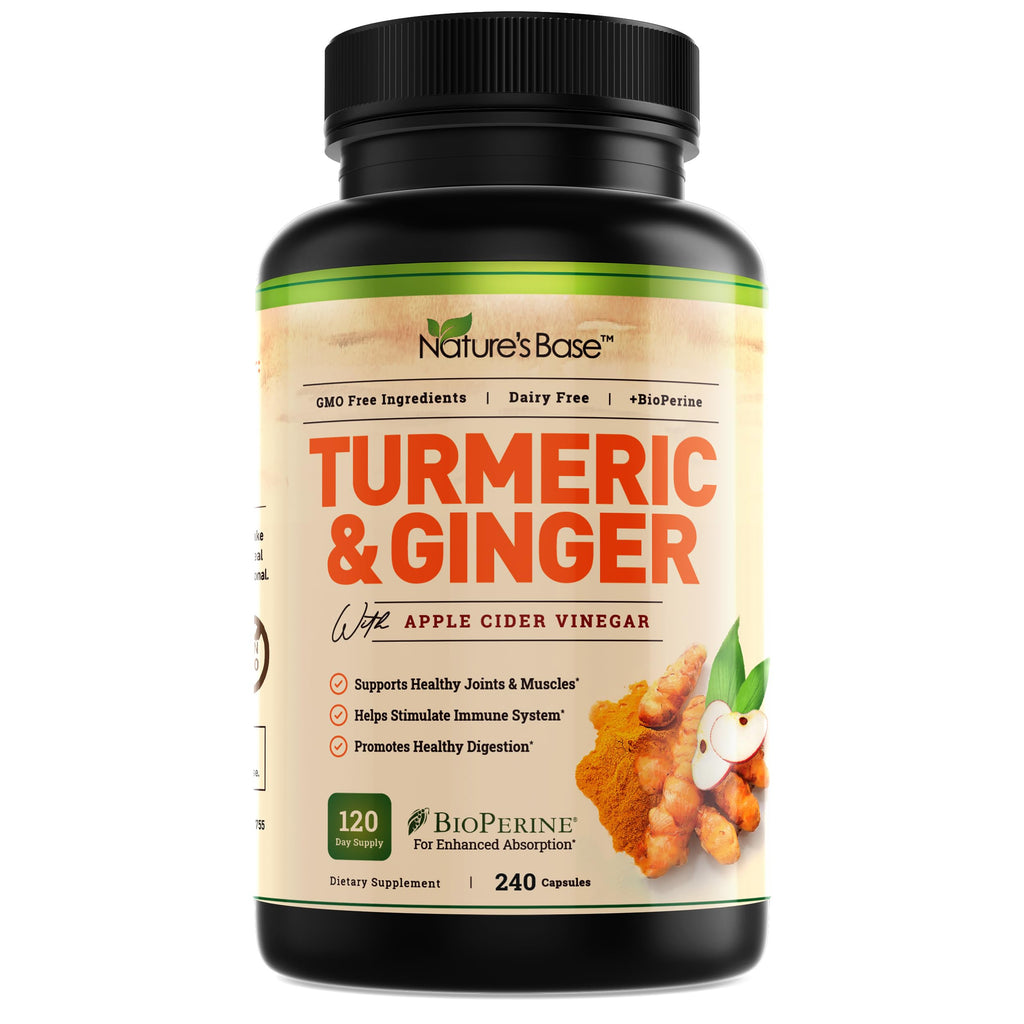 Nature's Base Turmeric & Ginger Supplement with Curcumin, ACV & BioPerine – 240 Capsules | 95% Curcuminoids