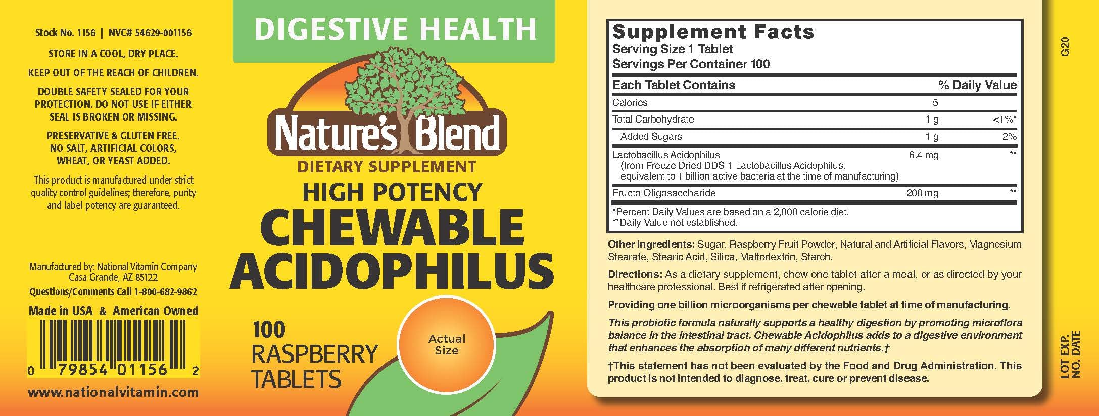 Nature's Blend Acidophilus Probiotic Supplement - 100 High Potency Capsules | Digestive Health & Gut Flora Balance