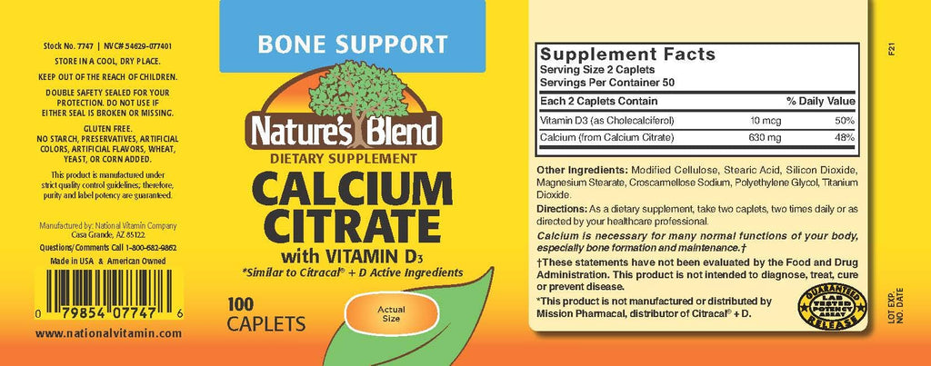 Nature's Blend Calcium Citrate with D3 100 Cplts – Bone Health (Gluten Free)