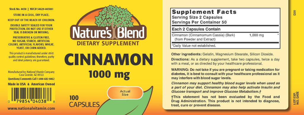 Nature's Blend Cinnamon 1,000 mg 100 Caps | Support Healthy Blood Sugar