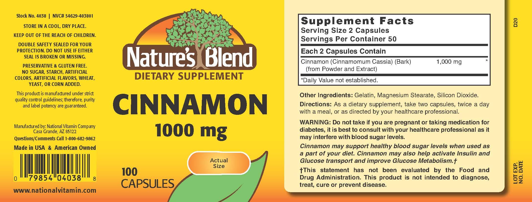 Nature's Blend Cinnamon 1,000 mg 100 Caps | Support Healthy Blood Sugar