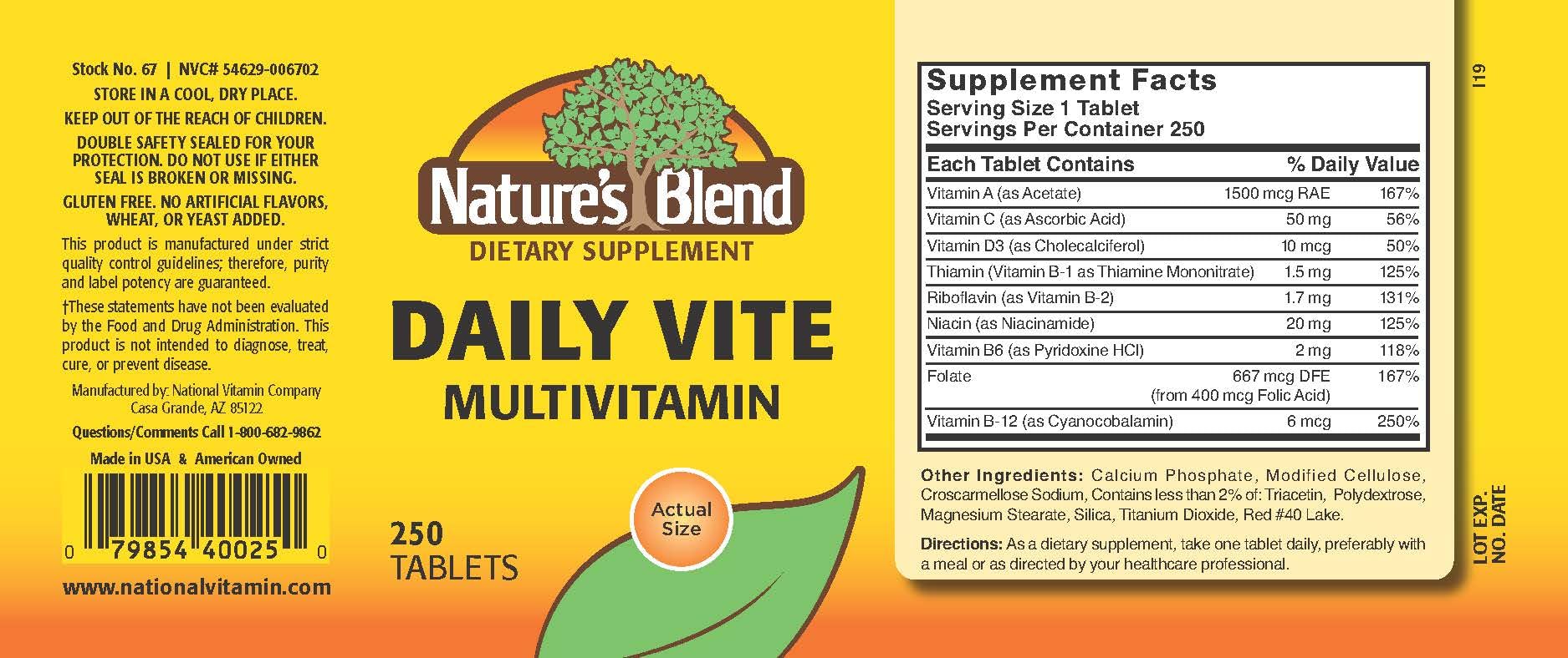 Nature's Blend Daily Vite 250 Tablets | Daily Multivitamin Supplement
