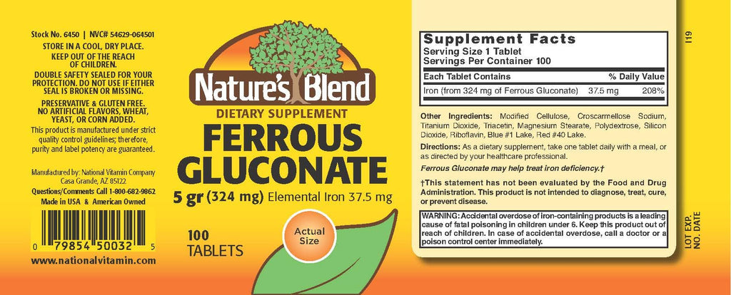 Nature's Blend Ferrous Gluconate Tablets, 100 Count
