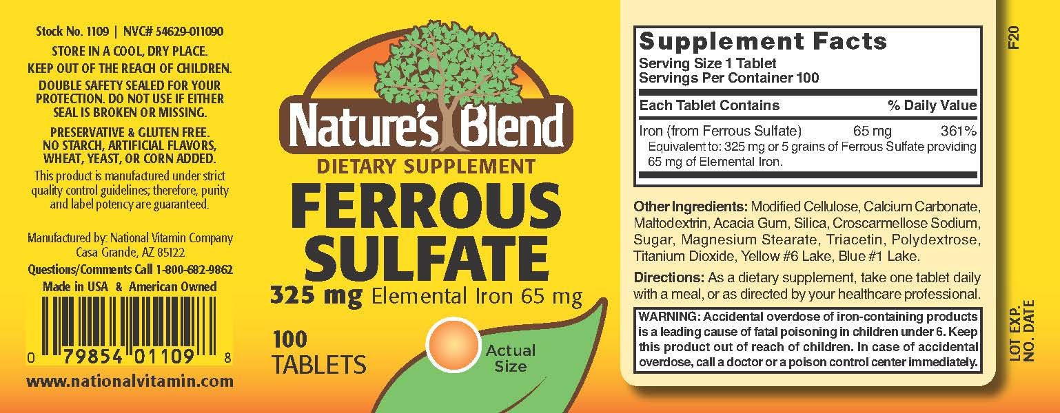 Nature's Blend Ferrous Sulfate 325 mg – Iron Supplement, 100 Tablets (Assorted)