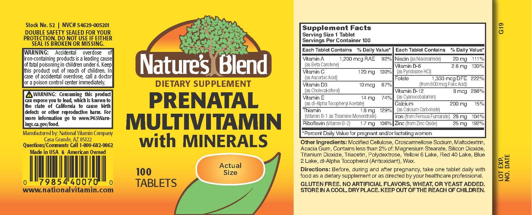 Nature's Blend Prenatal Multivitamin - 100 Tabs | 1AA26
