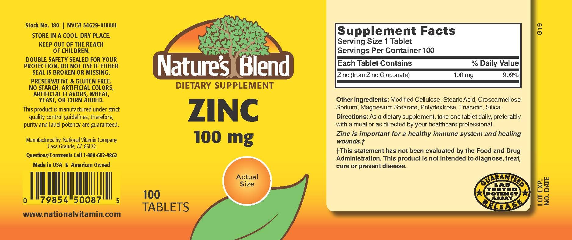 Nature's Blend Zinc Gluconate 100 mg, 100 Tablets | Zinc Mineral Supplement