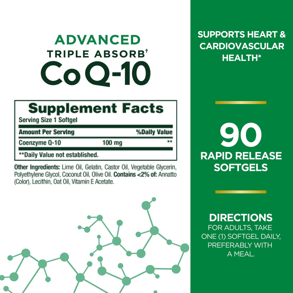 Nature's Bounty Advanced Triple Absorb CoQ-10 Softgels 100mg | Heart Health 90 Ct